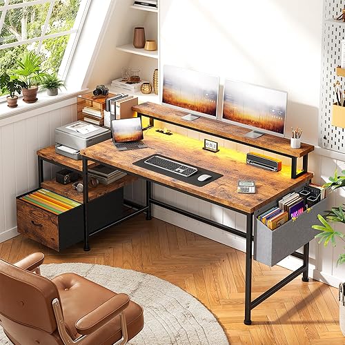 Escritorio para computadora con soporte para monitor, escritorio de oficina con luces LED y tomas de corriente, escritorio para juegos con cajones y