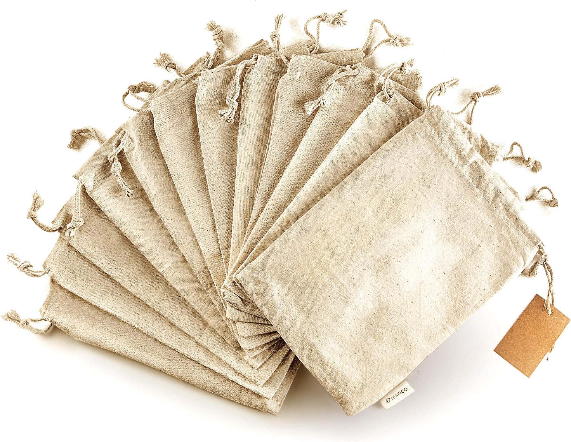 LEAFICO Organic Cotton Reusable Produce Bags - Small 5x7 (12 Pack) - Biodegradable Eco-Friendly Bulk Bin Sacks for Food - Cloth Bags with Drawstrings - Linen Pouch for Fruit, Vegetable Storage