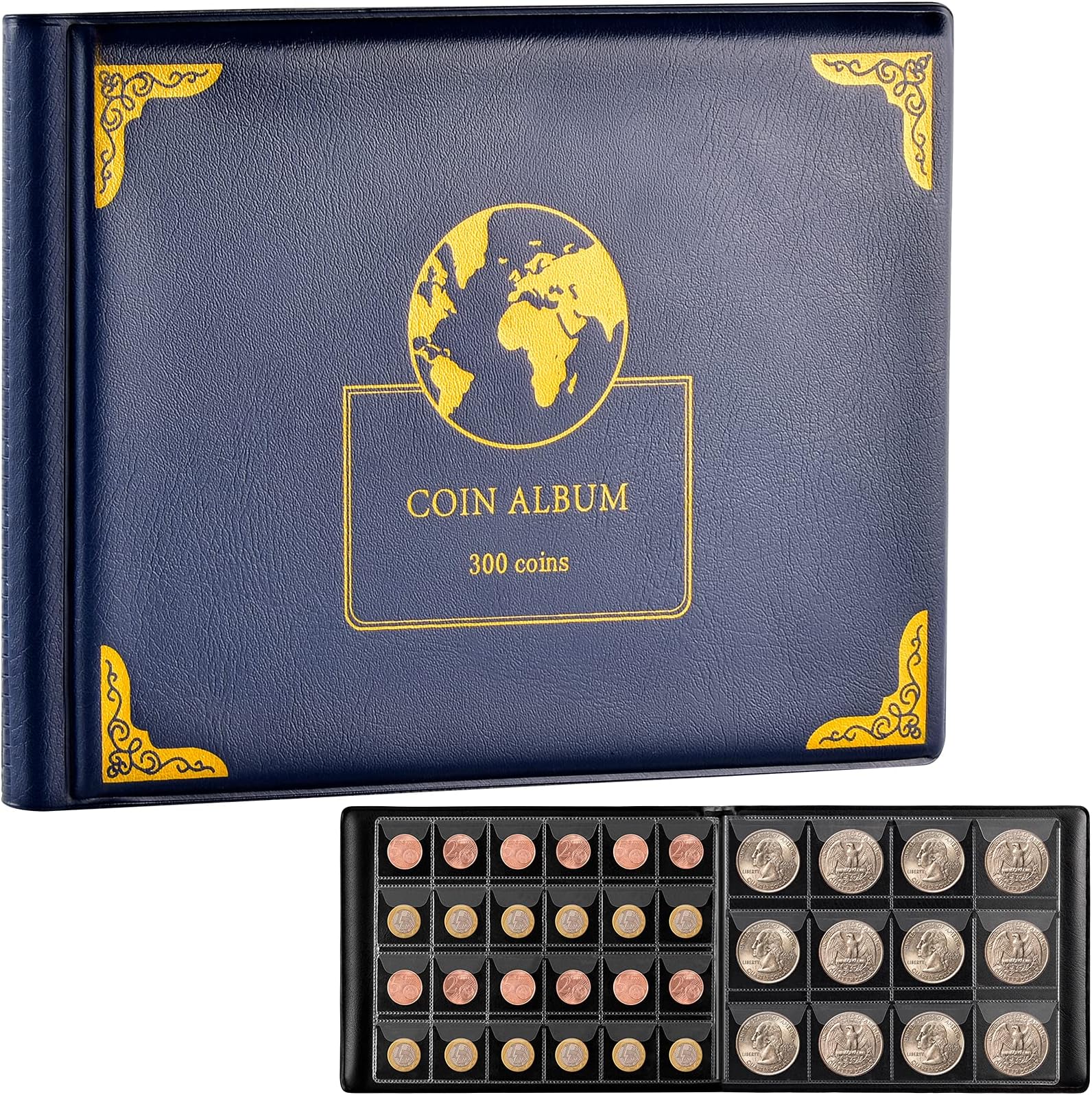 Coin Collection Supplies Holder Book for Collectors, 300 Pockets Coin Collection Organizer Storage Box Case Album for 20/25/ 27/30/ 38mm Coins- Blue