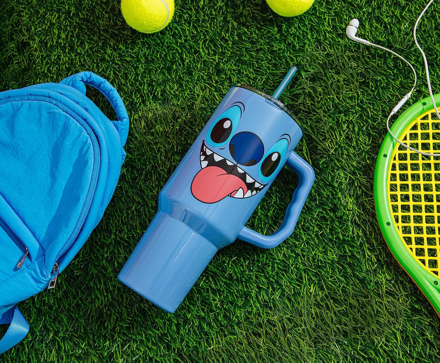 Disney Lilo & Stitch Face Stainless Steel Travel Tumbler With Handle, Leak-Resistant Lid, and Reusable Straw | Holds 40 Ounces