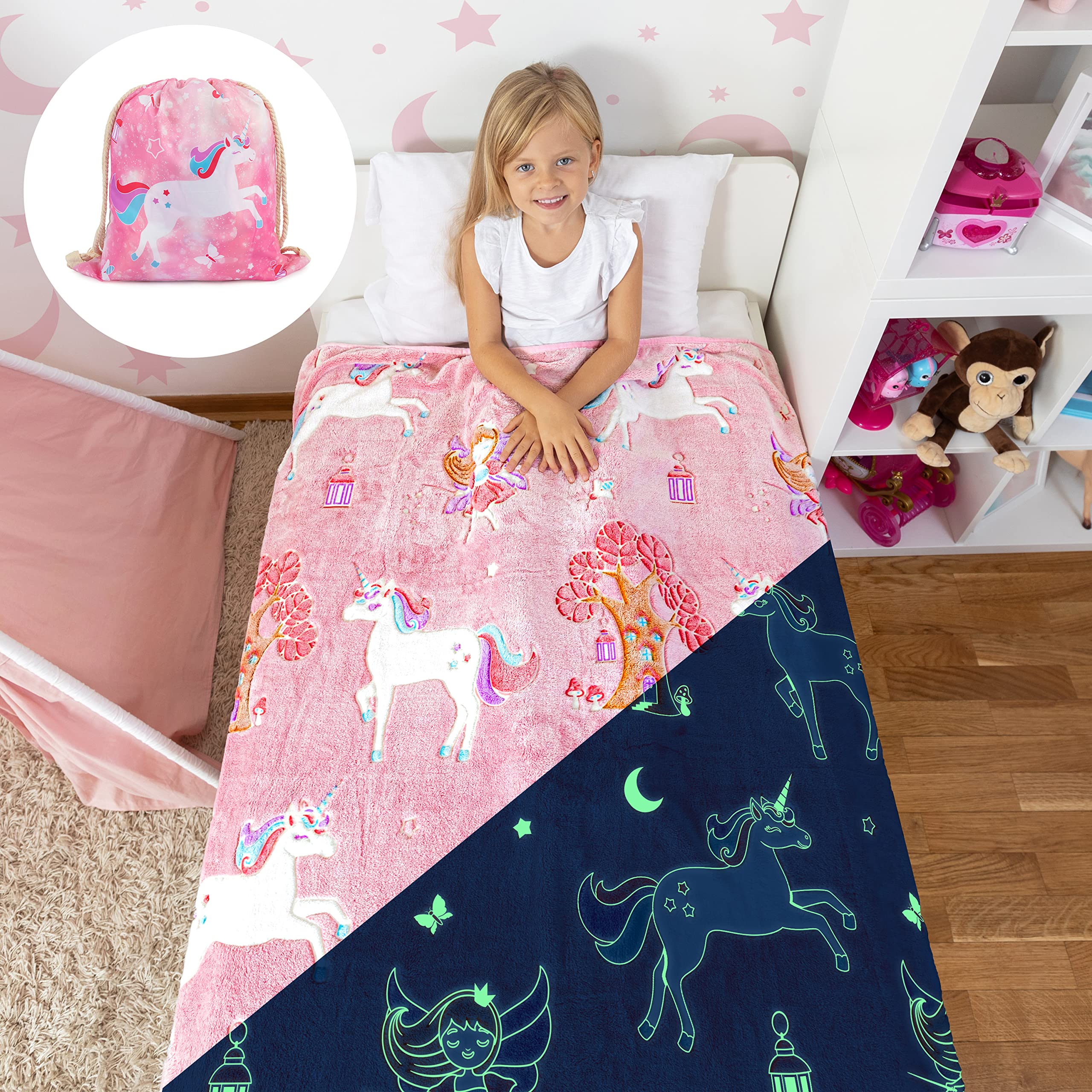 Snooze Bliss Couverture Licorne phosphorescente pour Filles – Jeté en Polaire. Grands Cadeaux de Licorne ! Couverture floue de qualité supérieure avec fée, Papillon, étoiles. Rose, 60 x 50