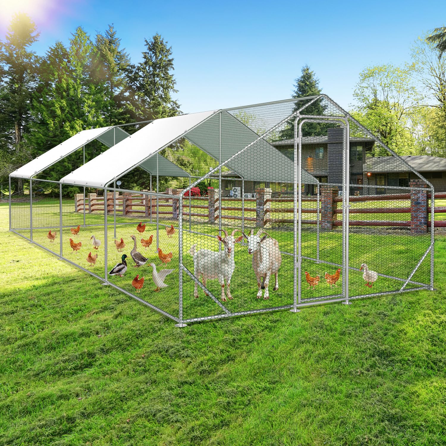 Sonnewelt Freilaufgehege 3x8x2m Hühnerstall Verzinkter Stahl Kleintierstall Hühnerhaus Dach Geflügelstall mit Sonnenschutzdach und Tür für Haustierkäfig Hühnerkäfig Vogelkäfig Kleintiere Pflanzen