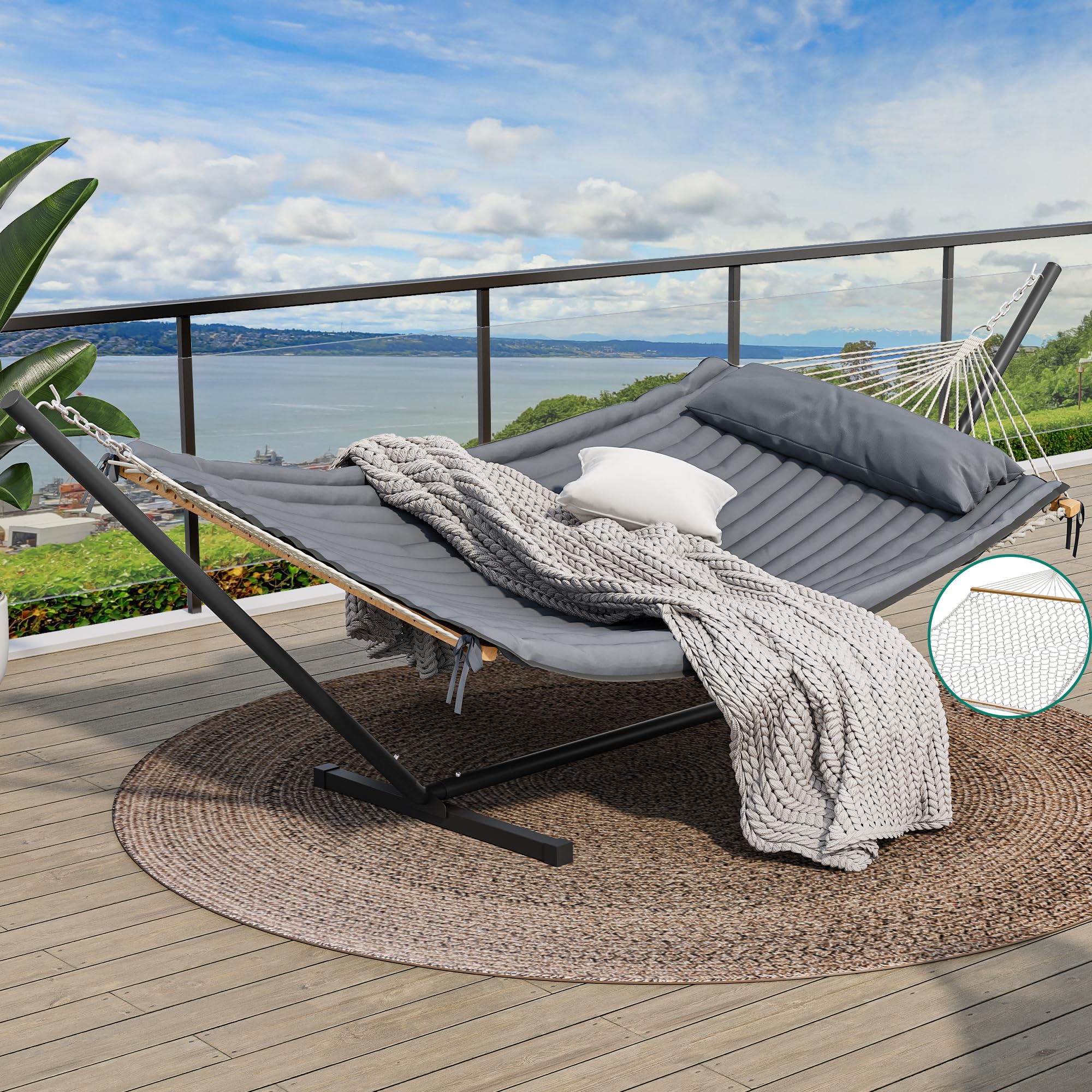 YITAHOME Hammock with Stand Included Hammock Heavy Duty Hammocks with 12FT Steel Stand Waterproof Portable Freestanding Hammock with Pillow 450lbs for Outdoors,Backyard, Patio-Gray