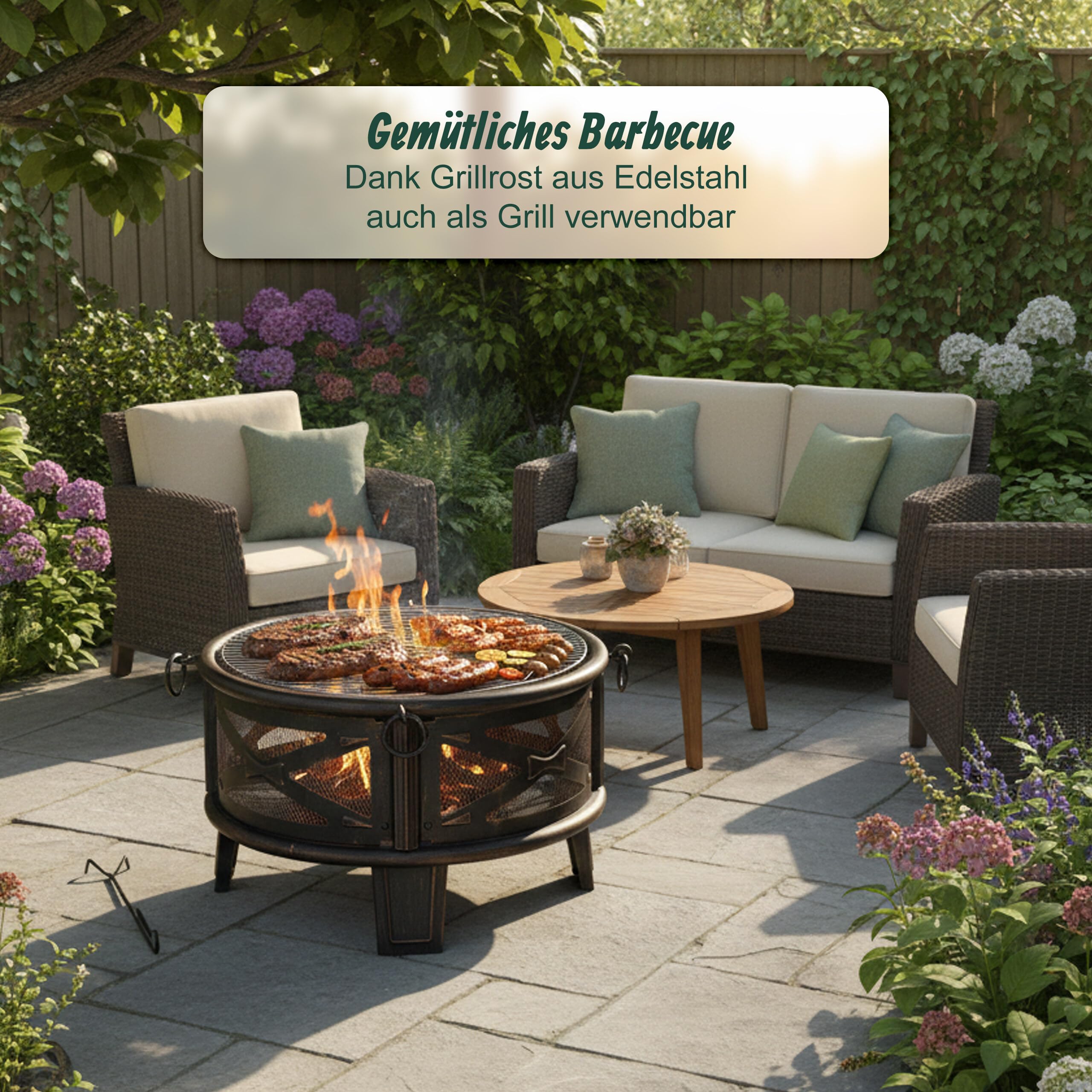 Relaxdays Feuerschale, Ø 66 cm, mit Grillrost, Funkenschutz & Schürhaken, Feuerstelle Garten, Feuerkorb, schwarz/Bronze
