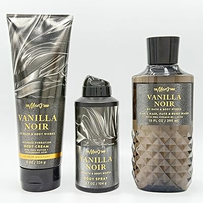 Vanilla Noir 3-Piece Men\'s Bath & Body Bundle | Ultimate Hydration Body Cream, Body Spray and Body Wash
