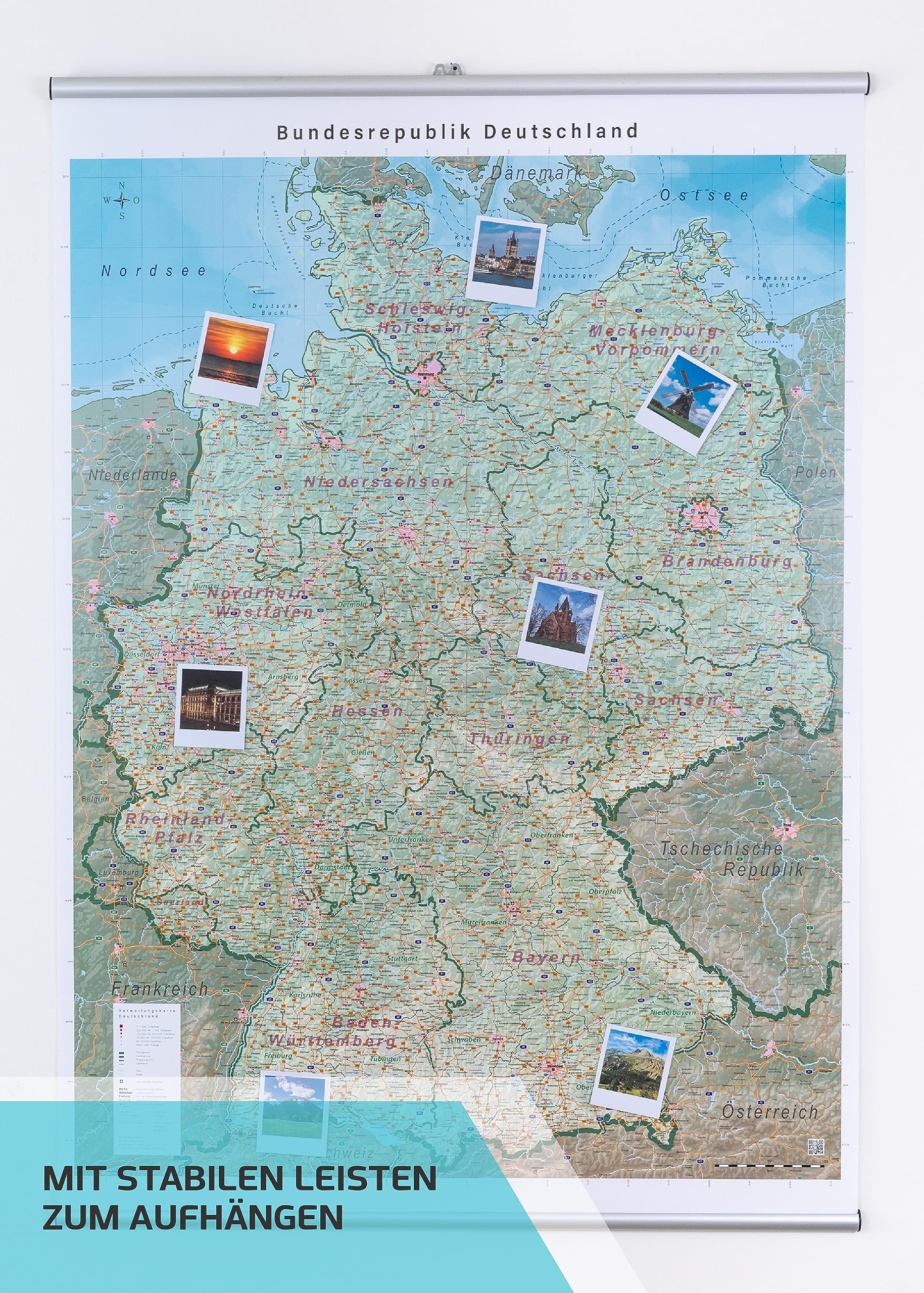 GeoMetro XL Deutschlandkarte (physisch) magnetisch/magnethaftend, laminiert, mit Leisten zum Aufhängen, beschreib- und abwischbar, 140x100 cm