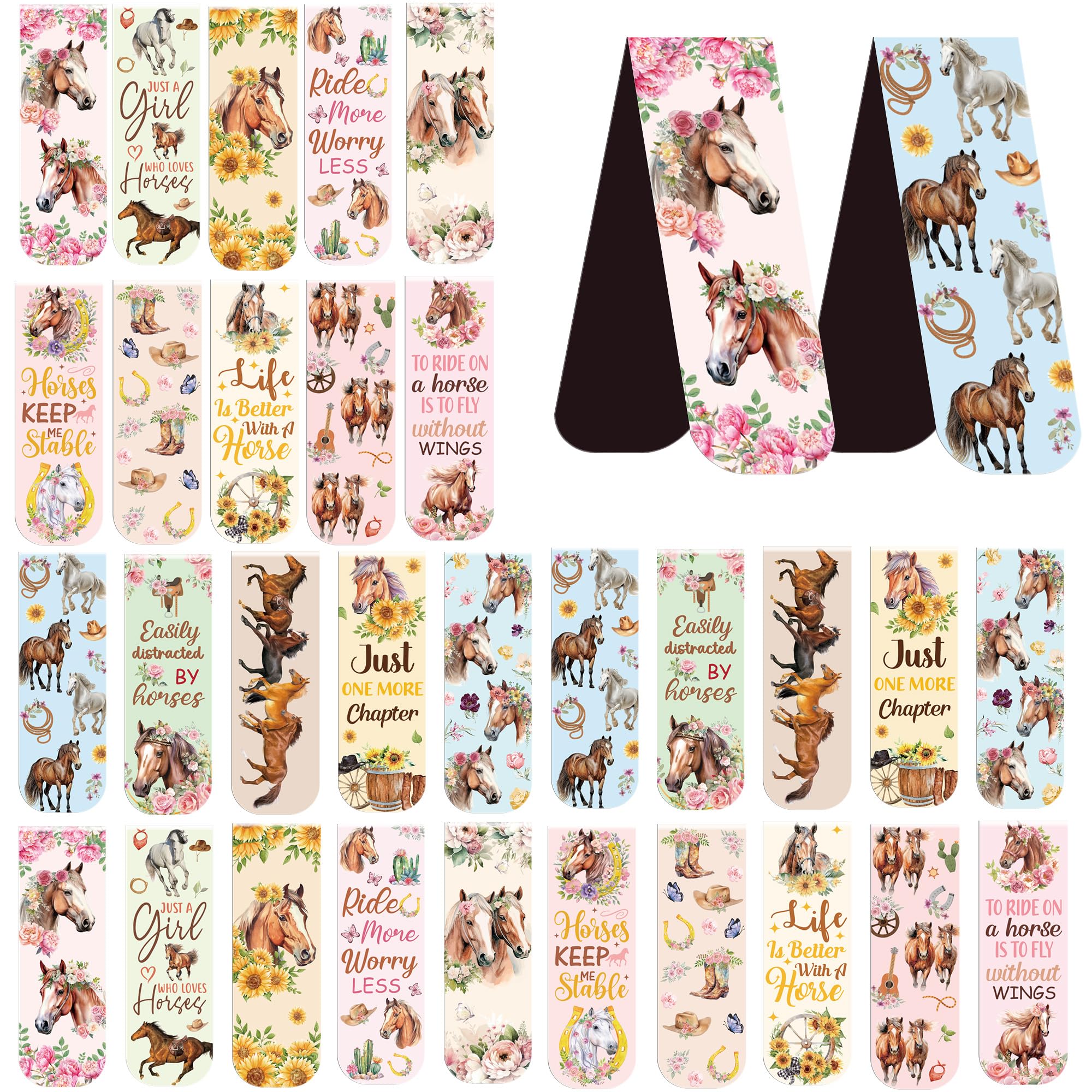 30 Pcs Horse Magnetic Bookmarks, 15 Watercolor Equestrian Designs with Inspirational Quotes, Cute Horse Page Markers, Gifts for Horse Lovers, Readers and Students