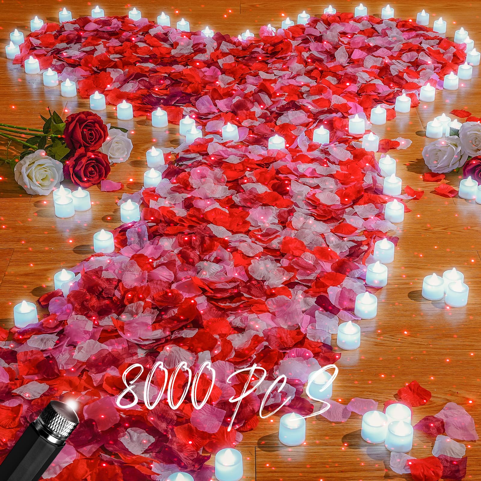 Hanaive 8000 Pcs Artificial Rose Petals for Romantic Night with 120 Pcs Flameless LED Tea Light Candles, USB Car Lights Set for Special Night, Valentine's Day, Anniversary Wedding (White Mixed)