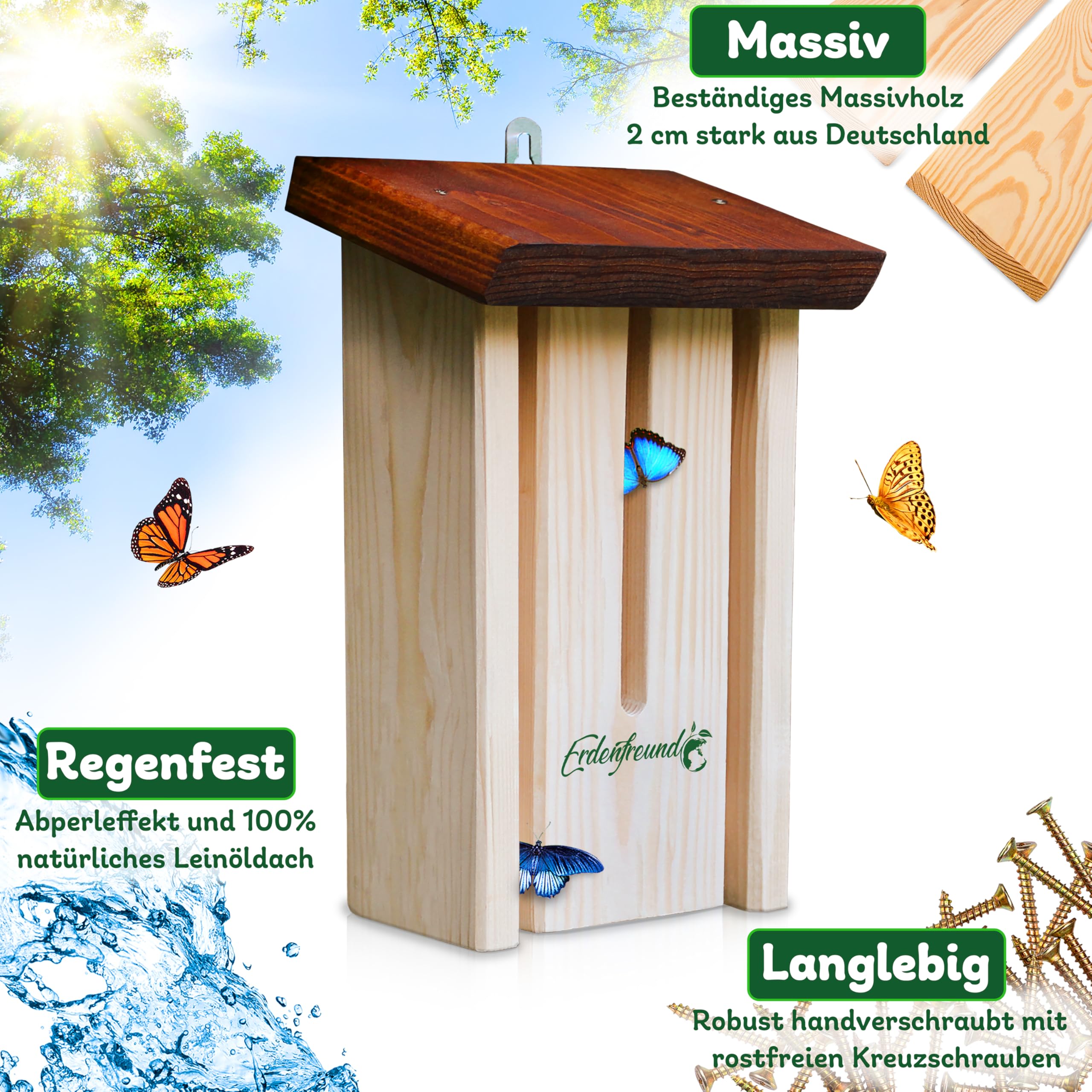 ERDENFREUND® Schmetterlingshaus 100% splitterfrei für zarte Schmetterlingsflügel Schmetterlingshotel schützt vor Feinden & Unwetter bei Ruhepausen