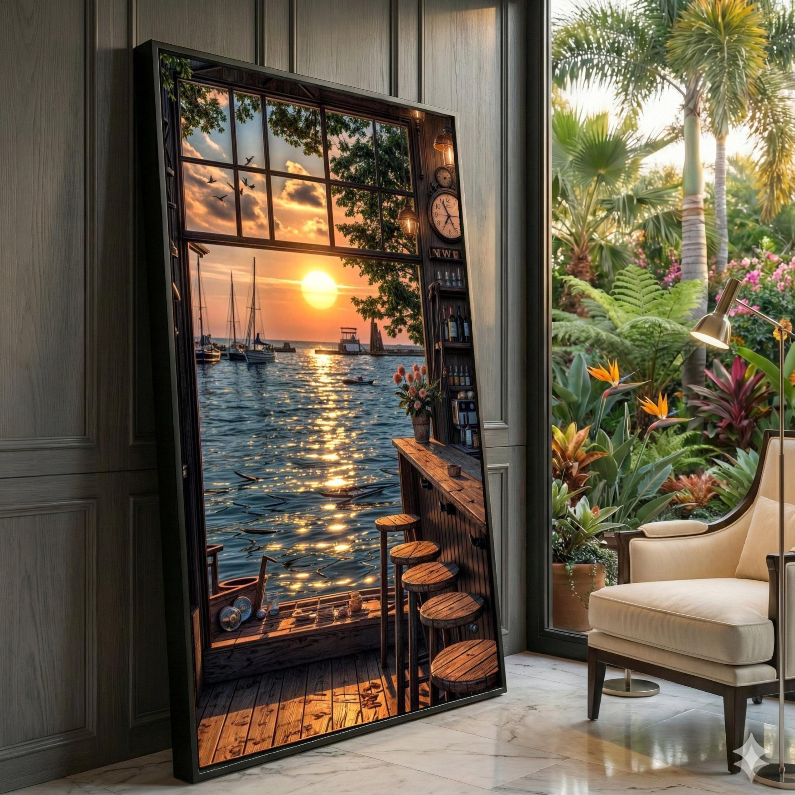 XINBAO Sunset Harbor View Canvas Wall Art, Coastal Scene Painting, Nautical Home Decor, Ocean Sunset Prints, Seaside Landscape(21x30cm/Frameless)