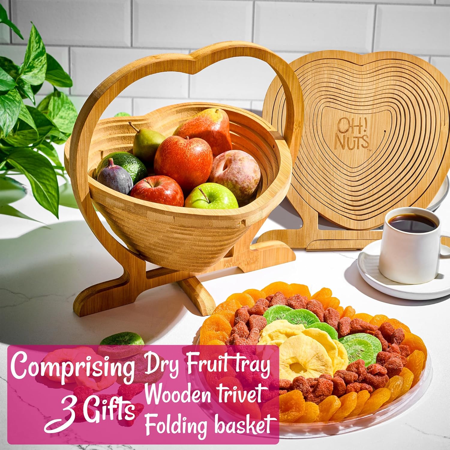 Oh! Nuts Dried Fruit Gift Basket - Gourmet Gift Baskets - Holiday Healthy Assortment Dried Fruits Gift Box - Crafted in the USA - Wooden Heart Shape Gift Tray - (Ruby Heart)