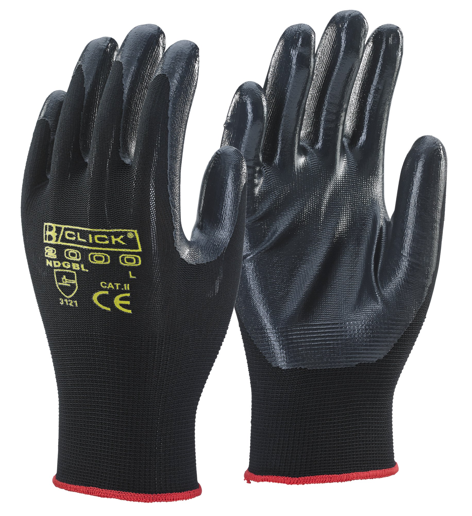 10 Pairs - Click 2000 Nitestar Nitrile Coated Work Gloves Black Sizes L & XL (X-Large)