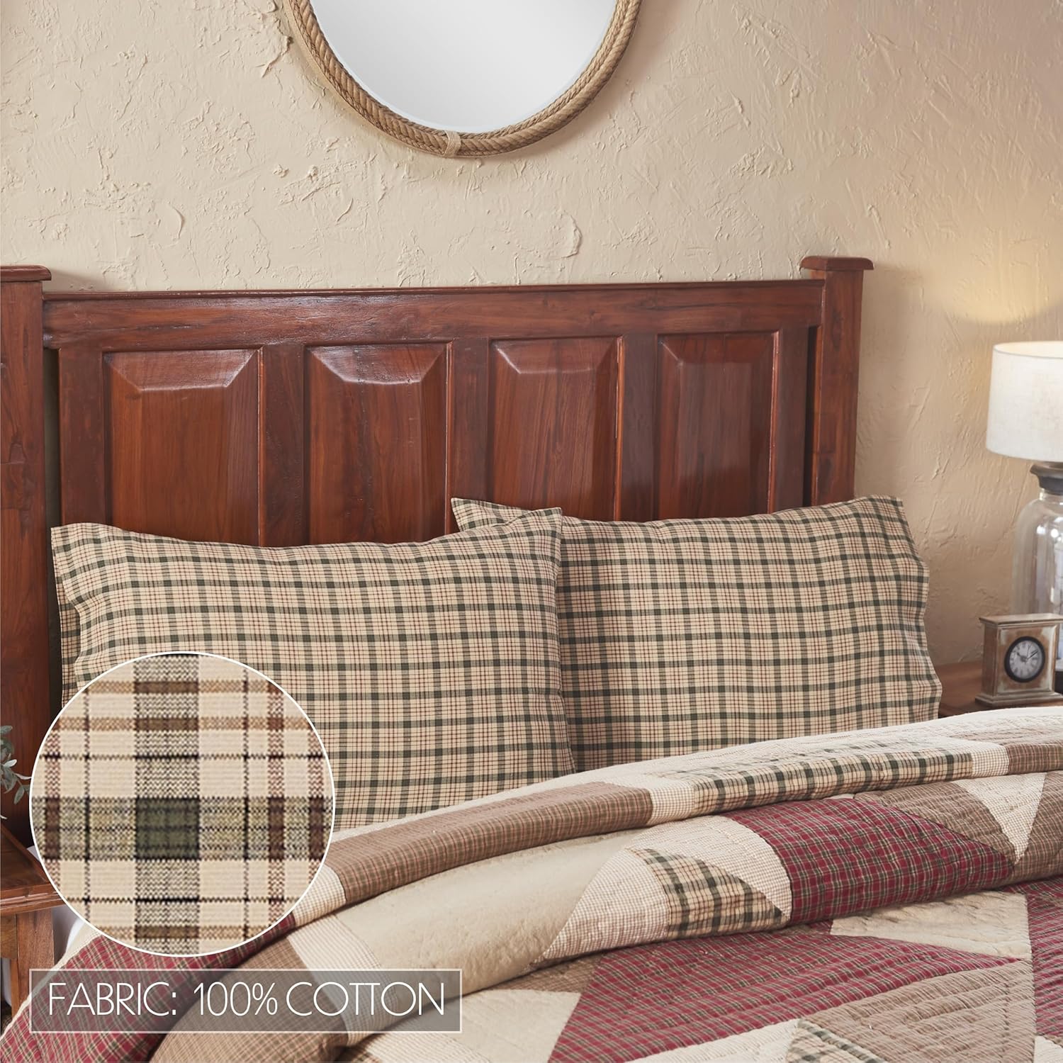 VHC Brands Cider Mill King-Size Plaid Pillow Case, Tan, 21x40, Set of 2