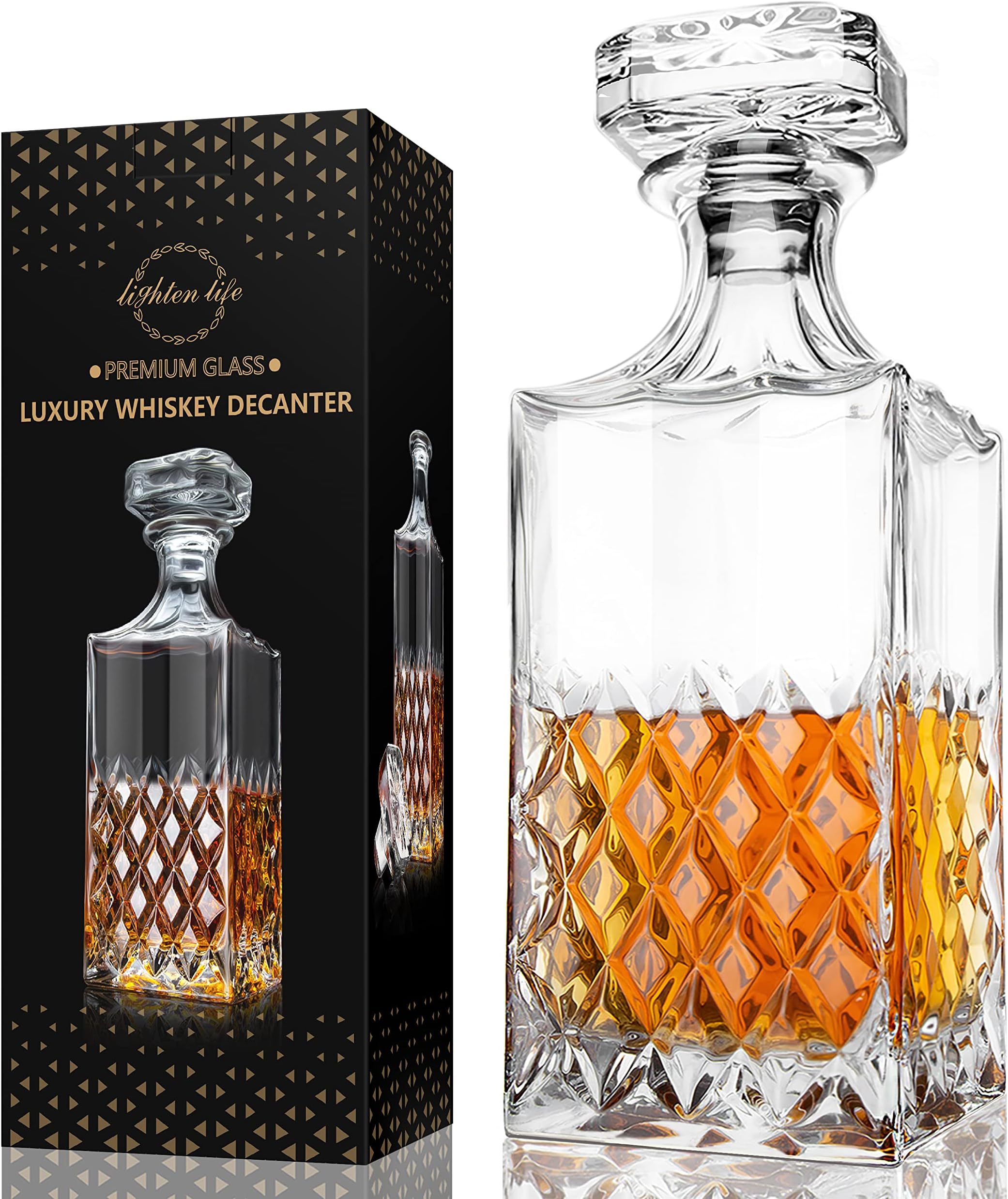 LIGHTEN LIFE Whiskey Decanter,849ml Non-Lead Crystal Whiskey Decanter with Stopper in Gift Box,Premium Bourbon Decanter,Liquor Decanter for Whiskey,Bourbon,Whiskey Carafe for Men