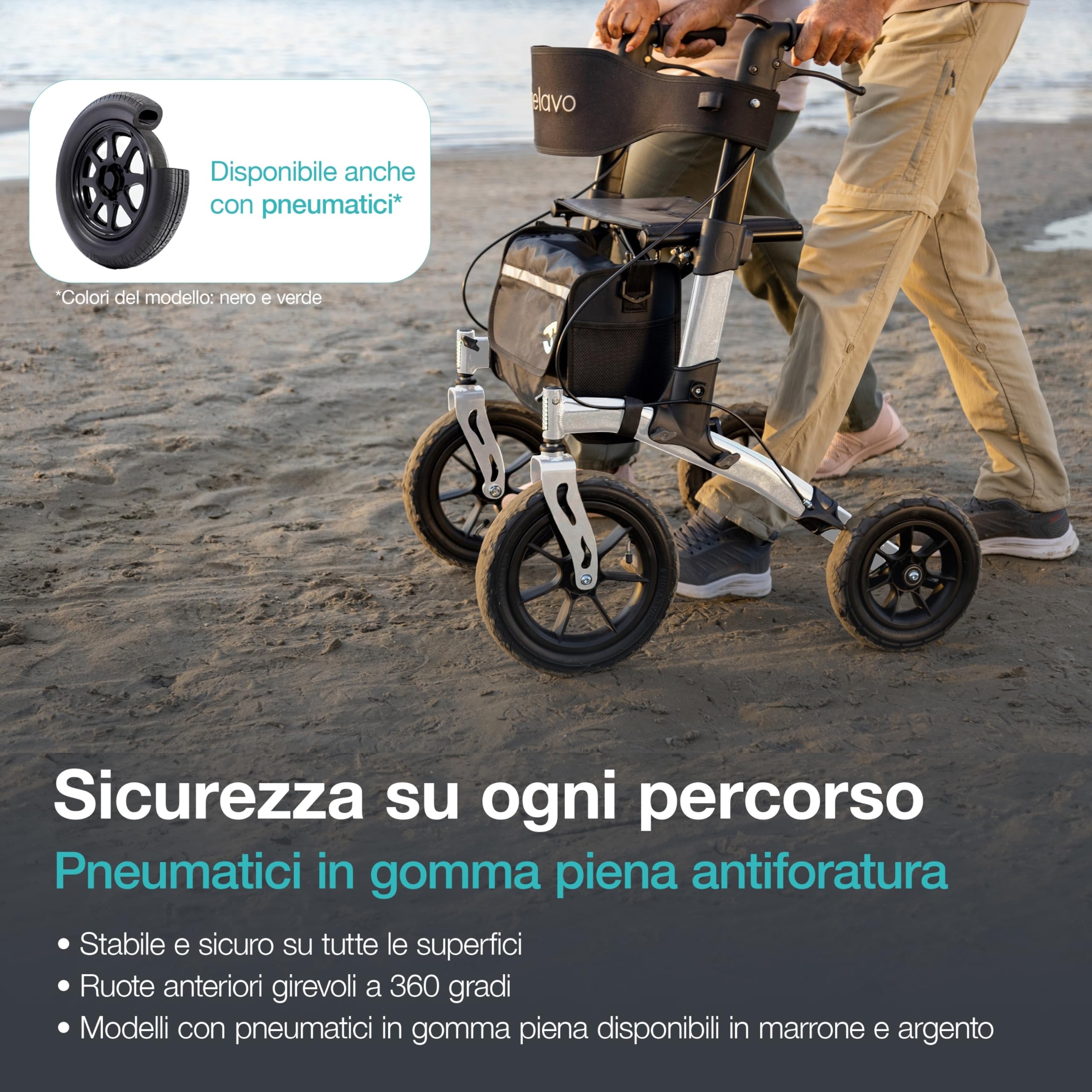 Helavo deambulatore da esterno con ruota gomma piena antiforatura - Girello per anziani pieghevole in alluminio con sedile - Massima mobilità e comfort all'aperto