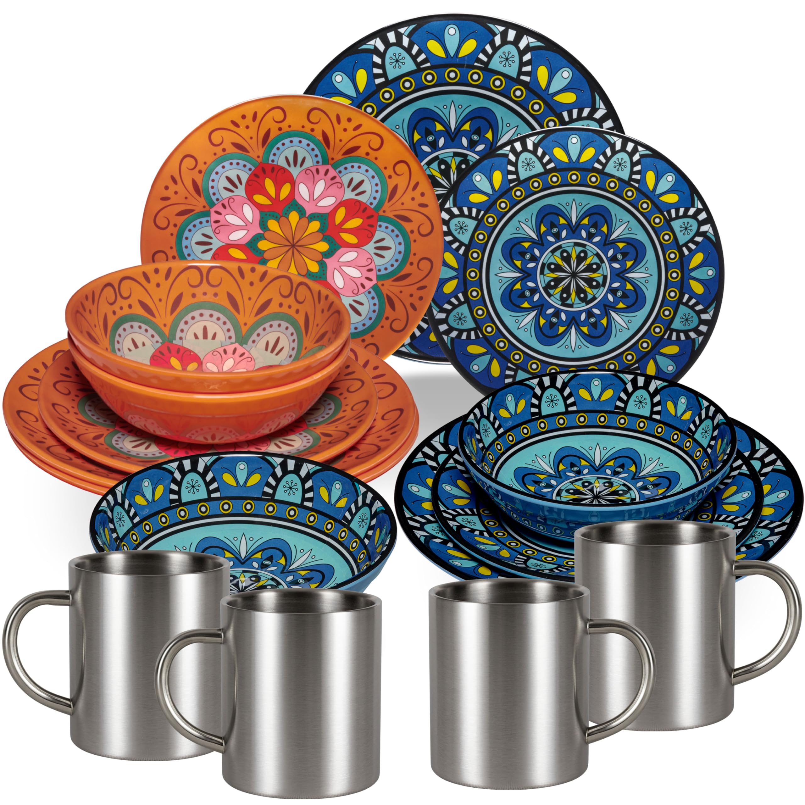 Melamin Geschirr Set Toskana Pastel Orange-Blau mit Wohnwagen Camping