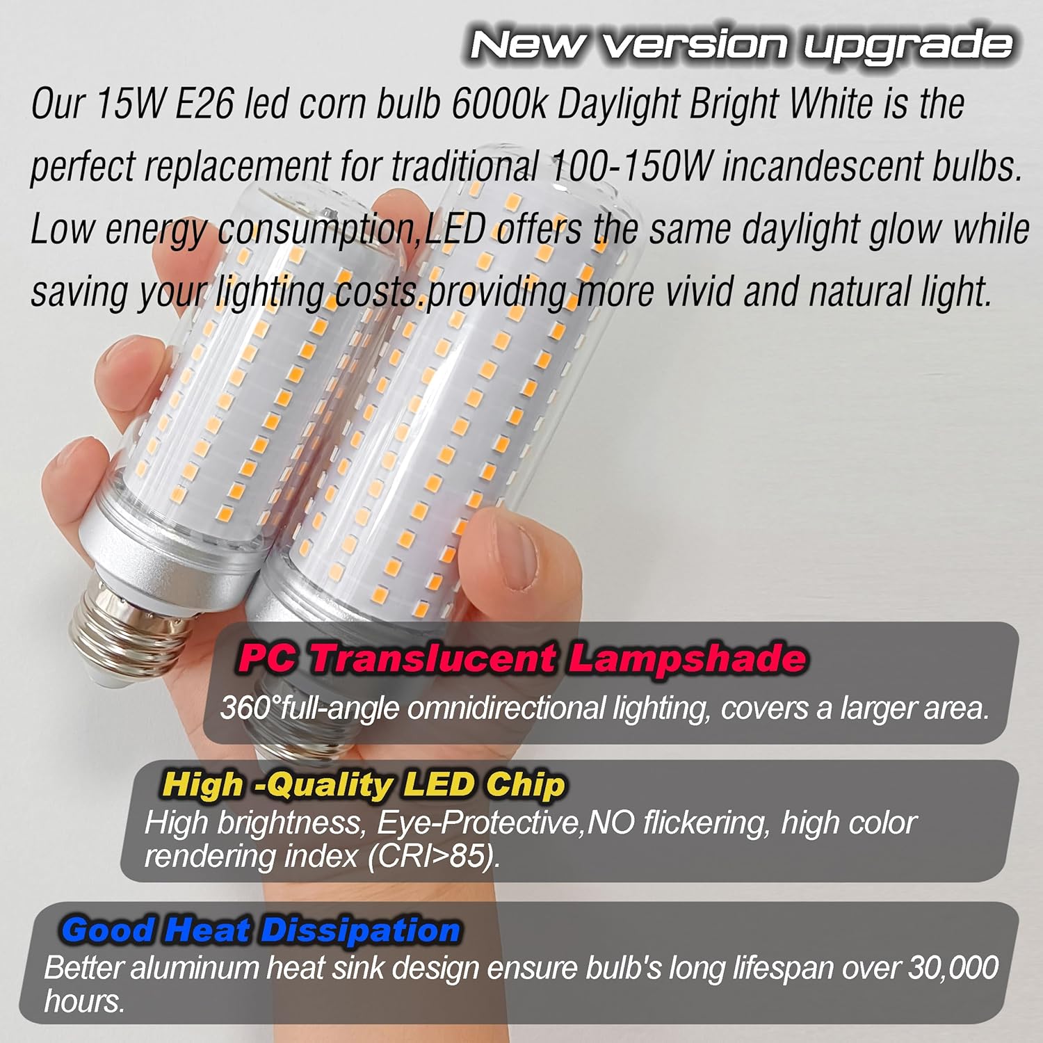 Big 1.57x 4.92inch, E26 LED Corn Light Bulb 150W Equivalent 2200 lm 6000K Cool Daylight Bright,15W E27 Medium Base Non-dimmable Candelabra Ceiling Fan Corn Lighting for Home Garage Warehouse,5Pack