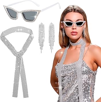 LaVenty Golden Party Outfit met disco bal oorbellen, halsketting, zonnebril en feestaccessoires voor vrouwen - festival en club outfit