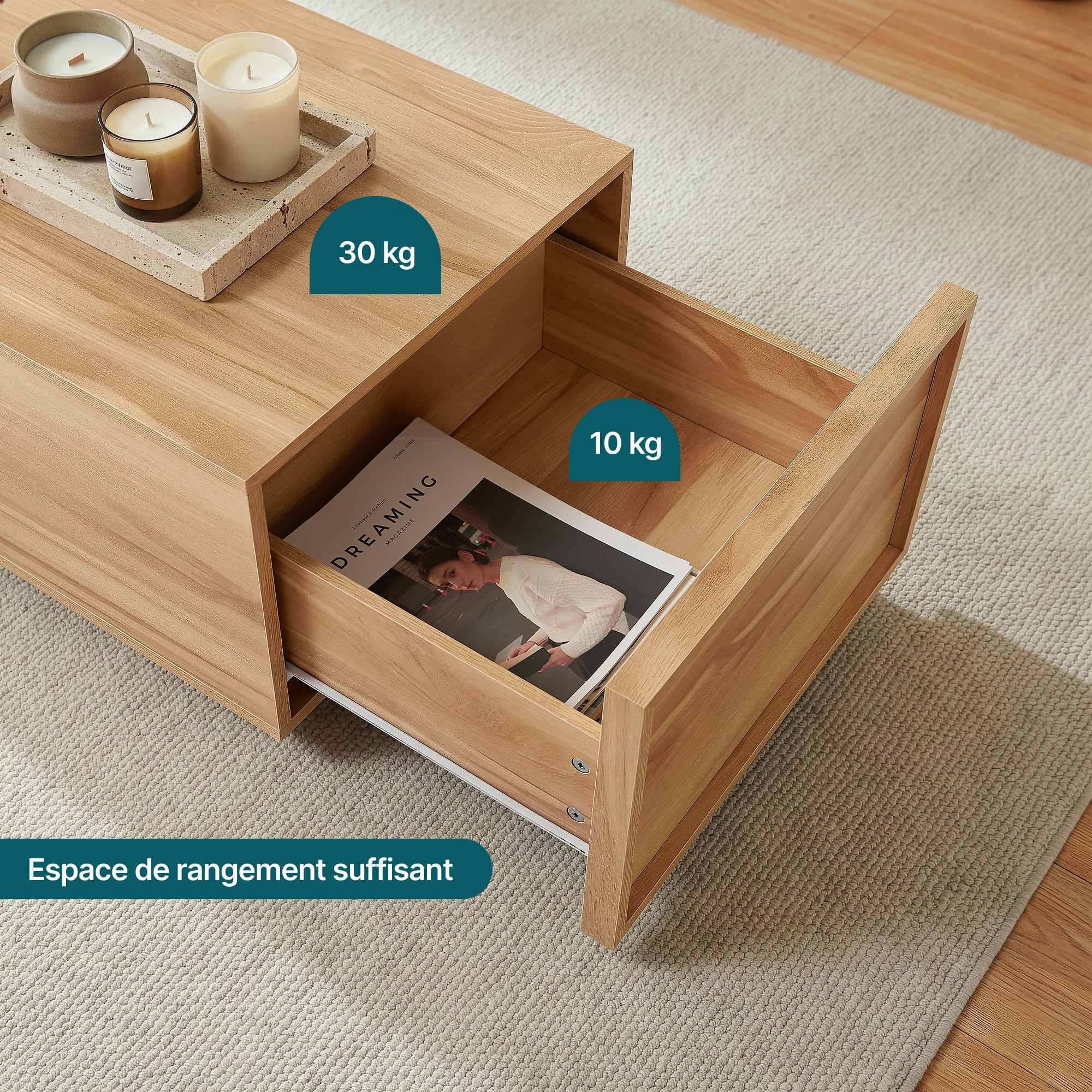 [en.casa] Table Basse Style Intemporel avec Plateau Rectangulaire et 2 Tiroirs Rangement Pratique Excellente Stabilité pour Salon Chambre Bureau MDF 104 x 50 x 40 cm Effet Chêne