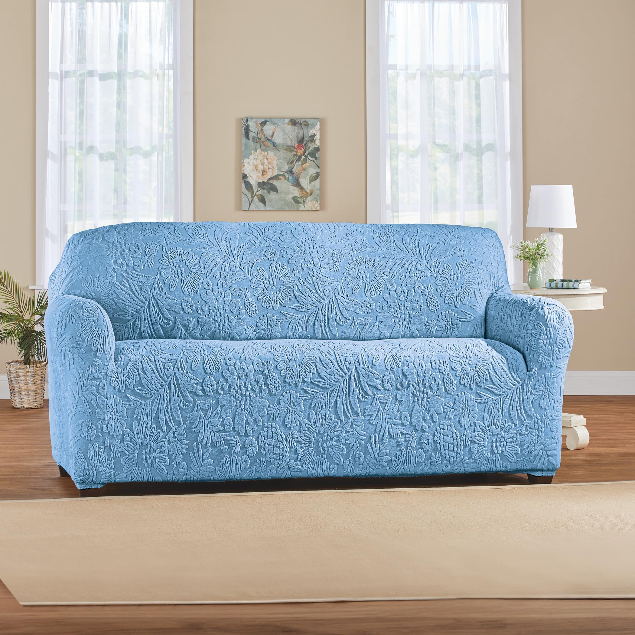 Collections Etc Embossed Tropical Design Stretch Furniture Cover Blue Loveseat