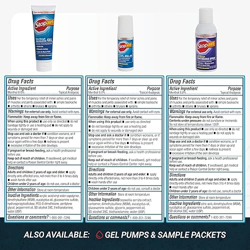 Miniatura 7 de Stopain Set combinado de alivio del dolor (gel, roll-on y aerosol) fabricado en Estados Unidos, máxima fuerza de acción rápida con MSM, glucosamina,