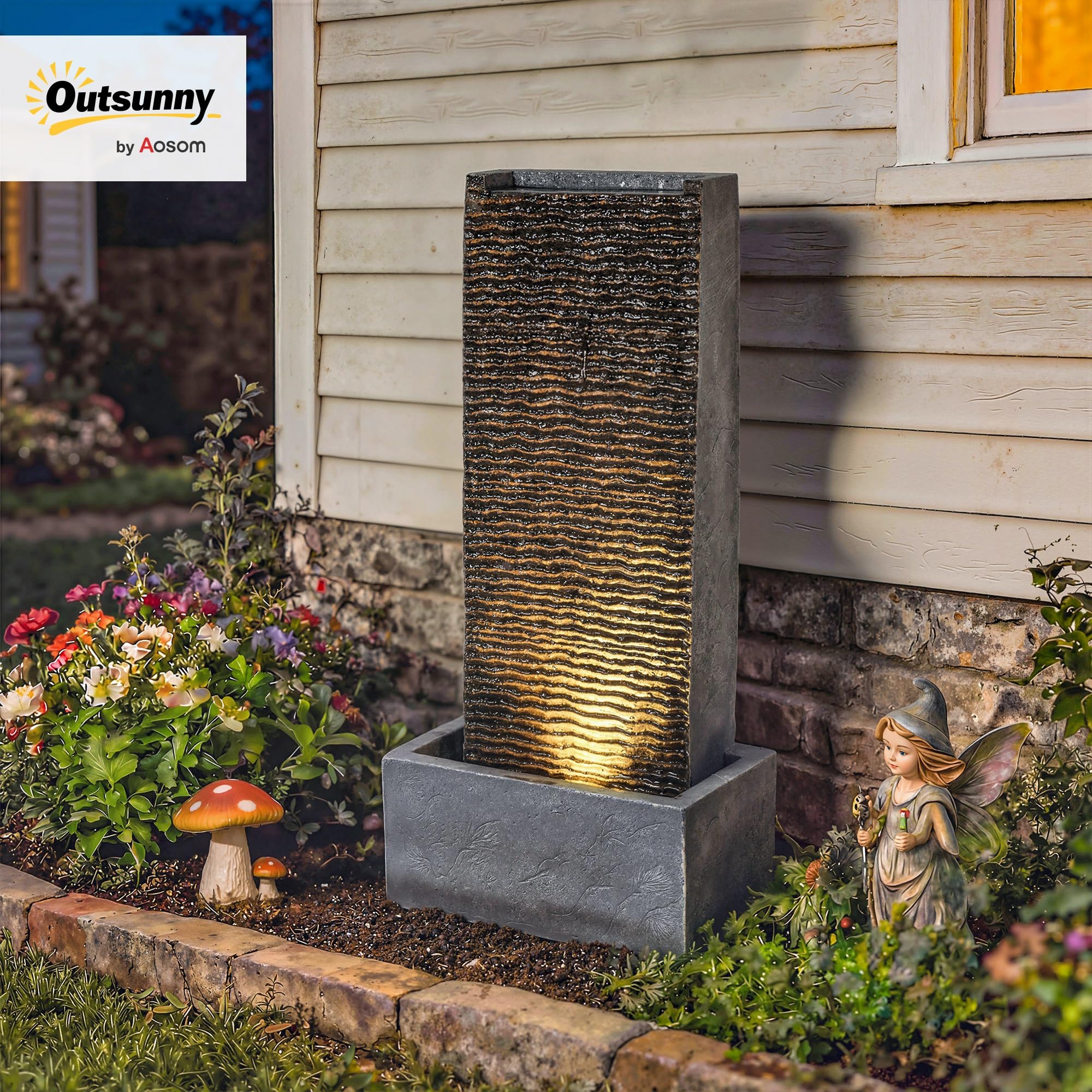 Outsunny Fontaine 2 Niveaux avec Pompe LED pour Jardin 37.5x22x80 cm