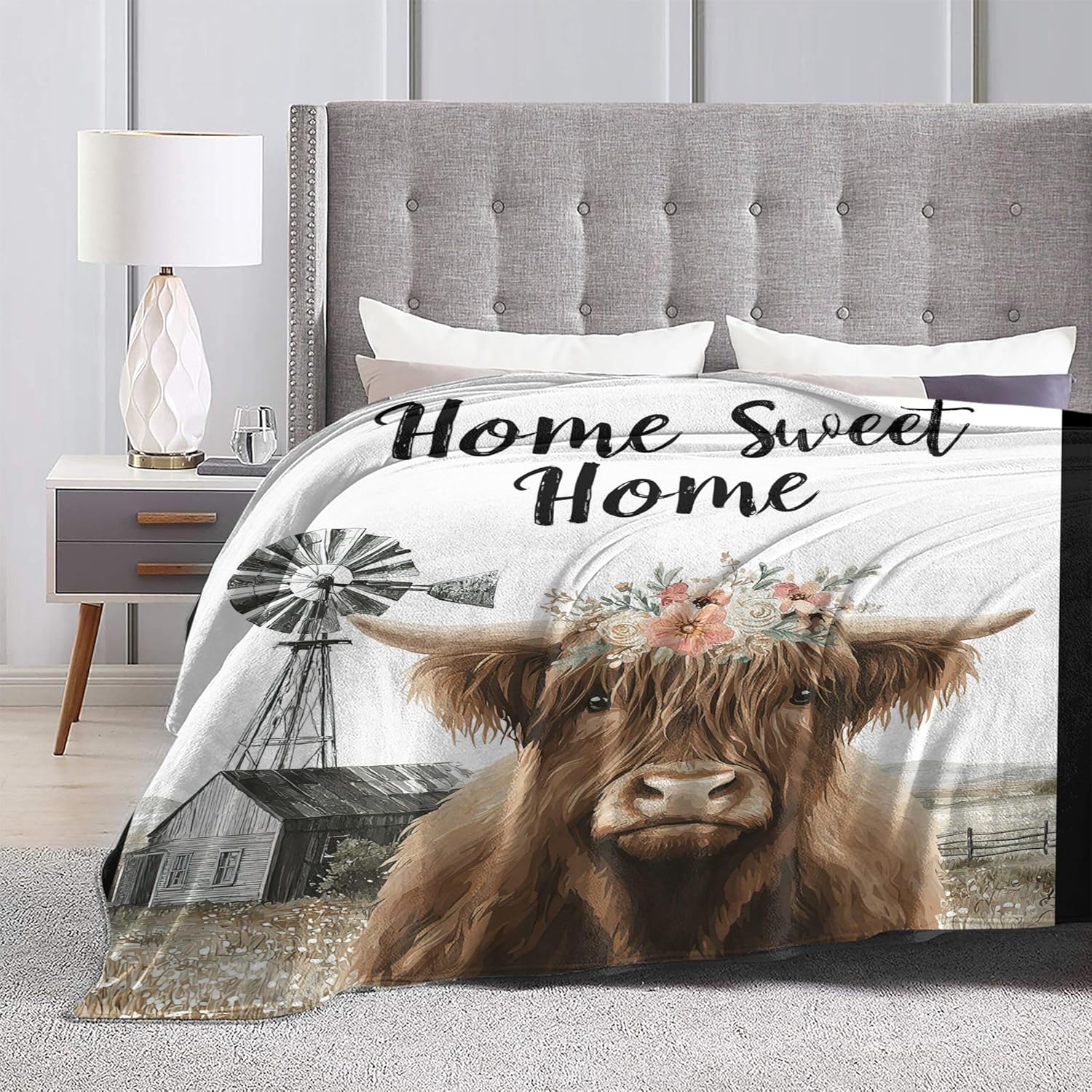 Highland Cow Throw Blanket Farmhouse Barn Cows Windmill Warm Decor Soft Flannel Blanket Highland Cow Gifts for Kids Boys Girls Men Women 40" X 50" - Image 4