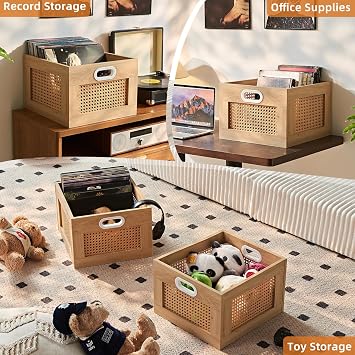 LELELINKY 2 Pack Vinyl Record Storage Crates, Rattan Vinyl Record Holder with Handle, Natural Wood Record Crate for Vinyls Holder up to 75 LP's, Desktop Cube Album Storage for Vinyls Records