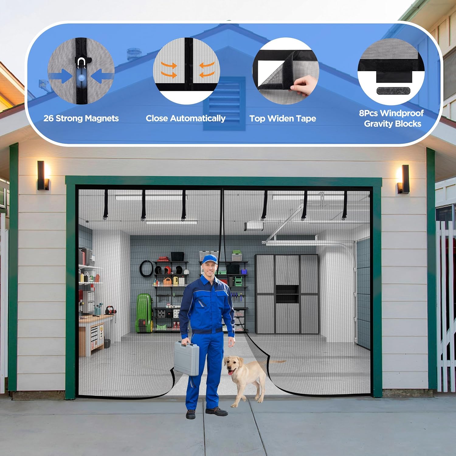 HBlife Garage Screen Doors for 2 Car Garage,15x7FT Polyester Magnetic Garage Door Screen, Hands Free Retractable Garage Net Screen Door Mesh with 6 Roll Up Starps and 26 Magnets for Patio, Gym, Porch