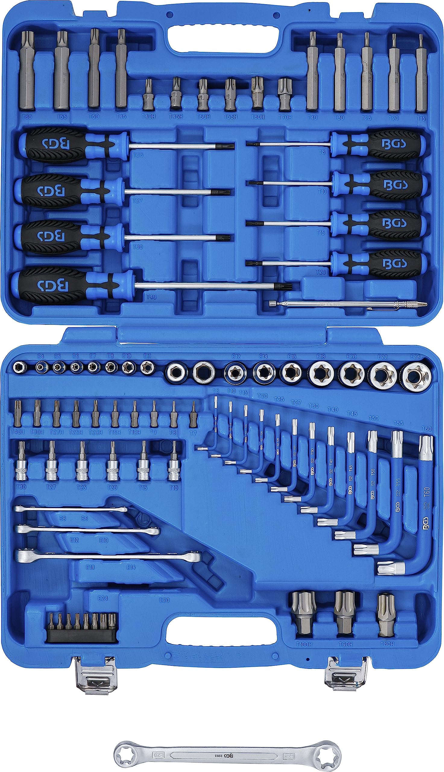 BGS 7849 | Juego de herramientas | 6,3 mm (1/4") + 12,5 mm (1/2") | E-Torx / perfil en T (para Torx) | 84 piezas | 6,3 mm (1/4") + 12,5 mm (1/2") | Acero al cromo vanadio | Puntas, llaves angulares, insertos de llave de vaso, adaptador