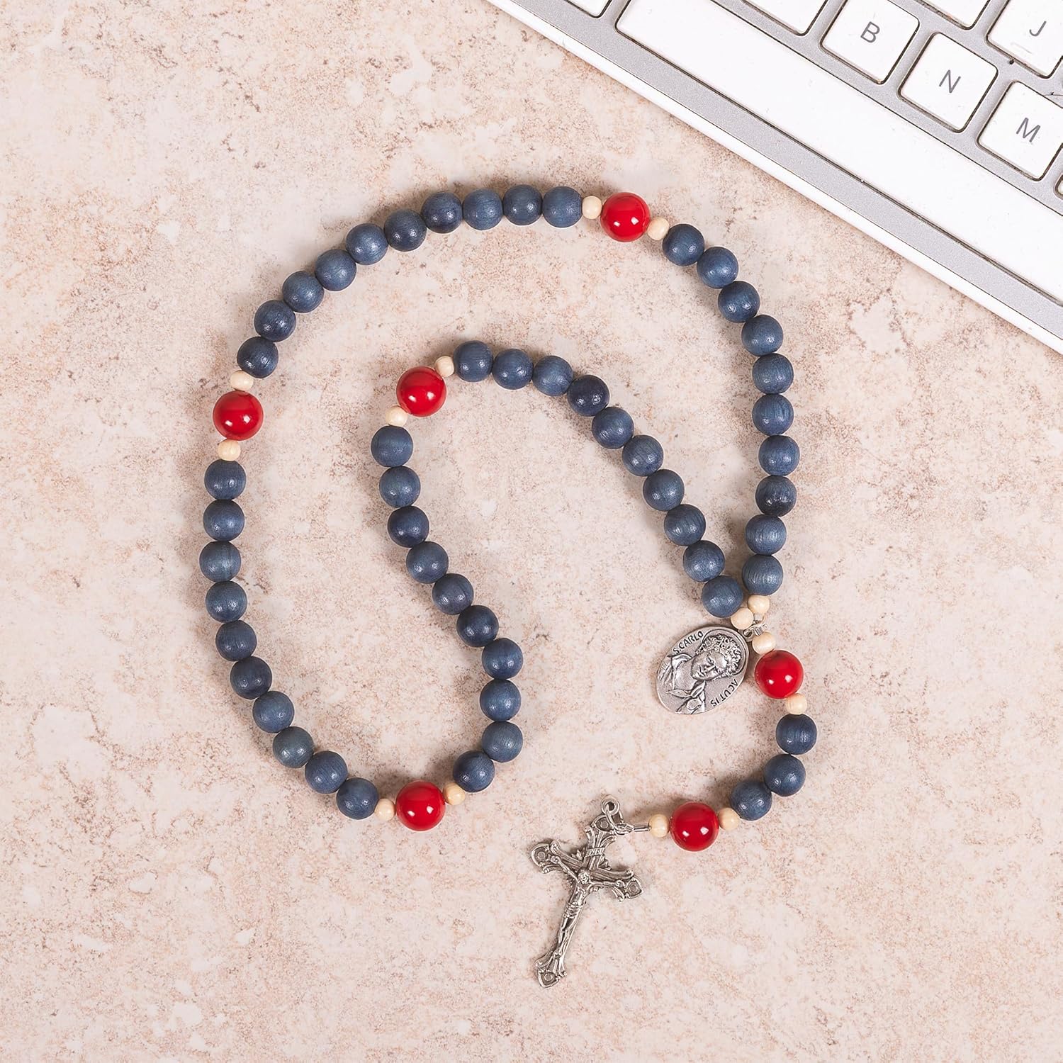 THE CATHOLIC COMPANY St. Carlo Acutis Rosary – Blue Wood Beads & Red Mountain Jade, Silver Crucifix + Prayer Card - Image 2