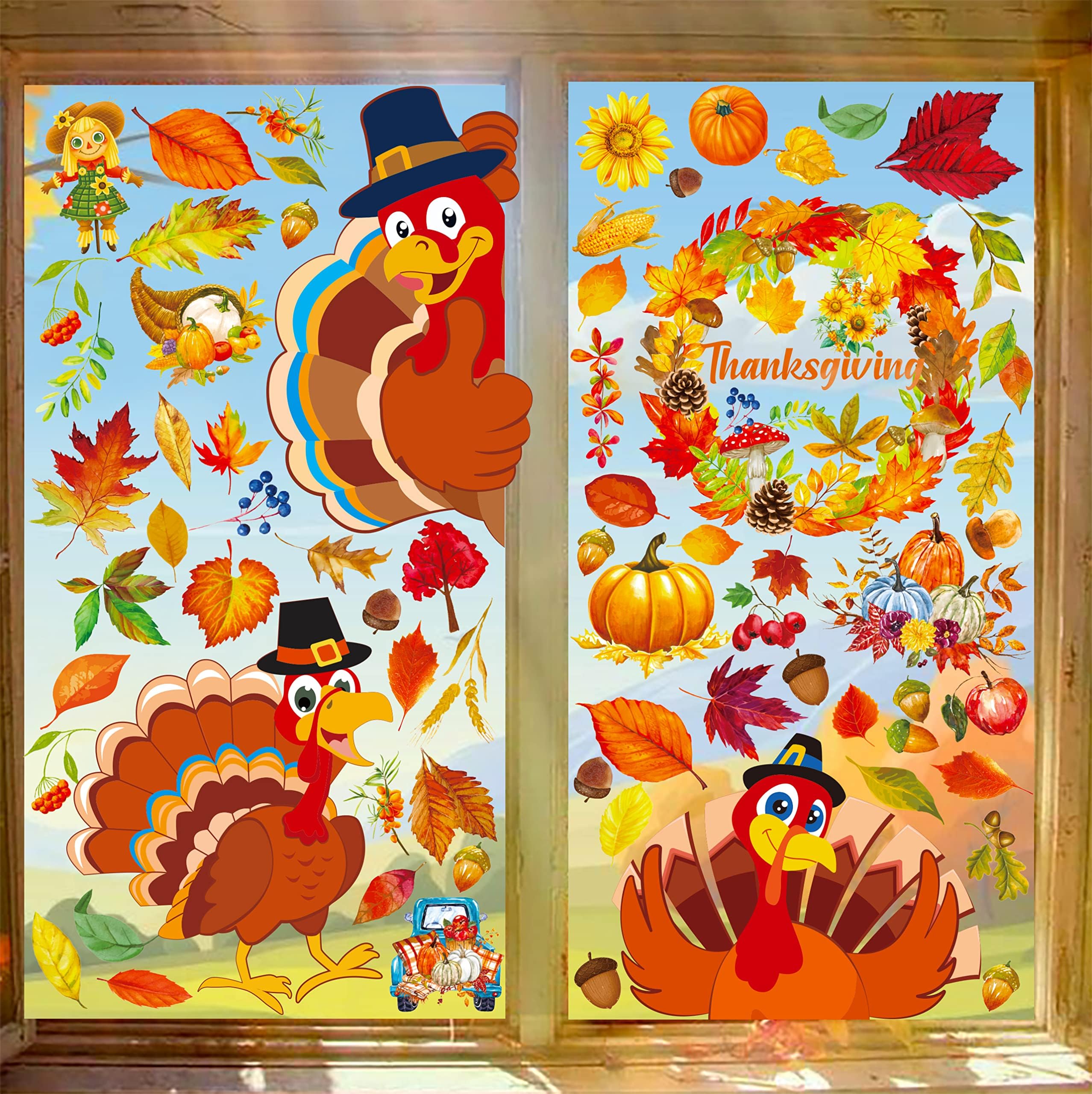 350PCS Fall Decor Thanksgiving Window Clings - Fall Decorations for Home Autumn Leaves Turkey Decals Party Supplies