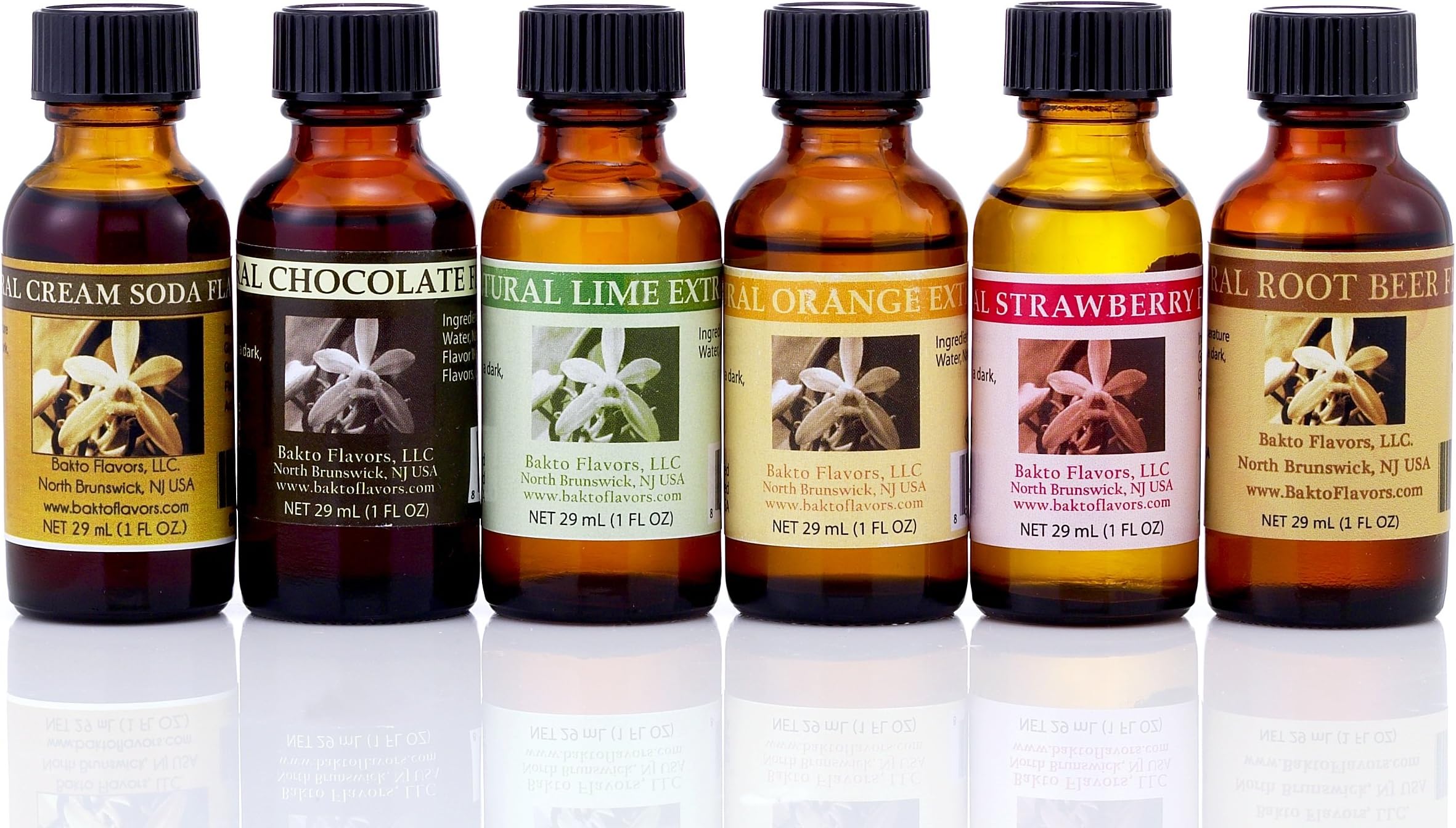 Bakto Flavors Soda / Seltzer Natural Flavors Collection - Set of 6 (1 OZ) Bottles - Cream Soda, Chocolate, Lime, Orange, Strawberry, Root Beer