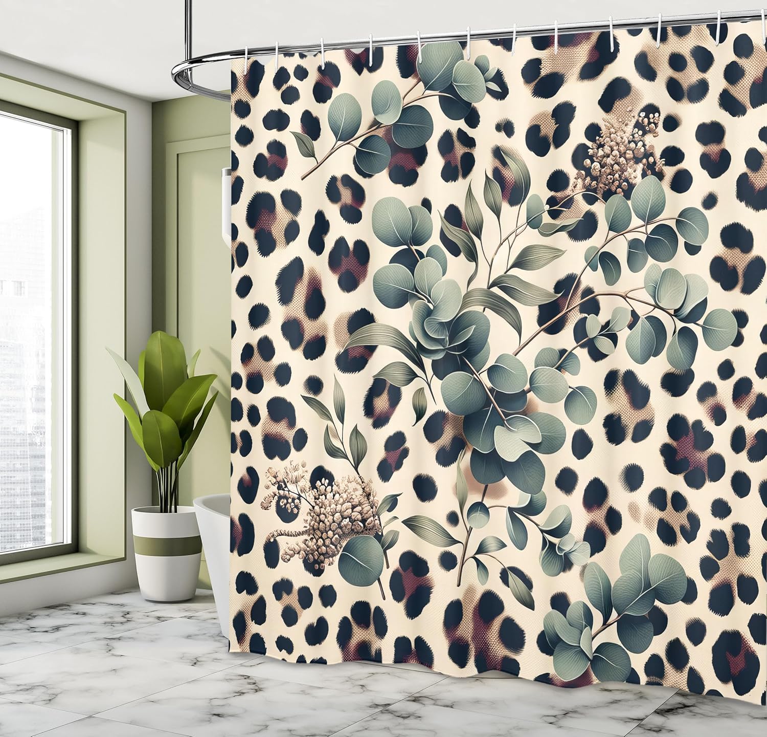 Ambesonne Leopard Print Shower Curtain, Bold Eucalyptus Branches with Leaves on Spotted Animal Pattern, Cloth Fabric Bathroom Decor Set with Hooks, 69" W x 84" L, Camel and Laurel Green