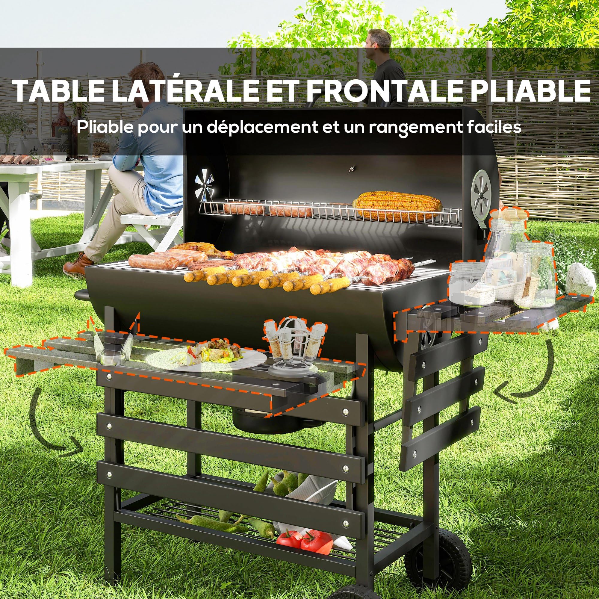Outsunny Barbecue charbon de bois avec tablette avant pliable, grand barbecue au charbon de bois avec tablette inférieure, grille de cuisson, couvercle avec thermomètre et 2 roues, noir