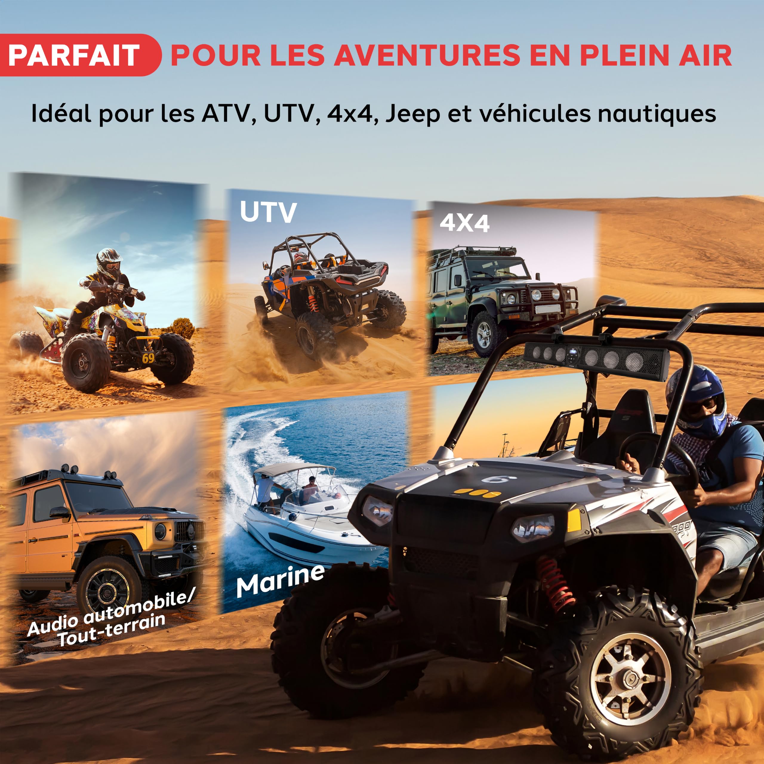 Pyle Barre de Son Marine de 91,4 cm pour VTT/UTV avec Bluetooth, 270 W, amplificateur intégré, woofer 6 x 4, hauteurs 2 x 1, télécommande, entrée USB/AUX, Support de Guidon