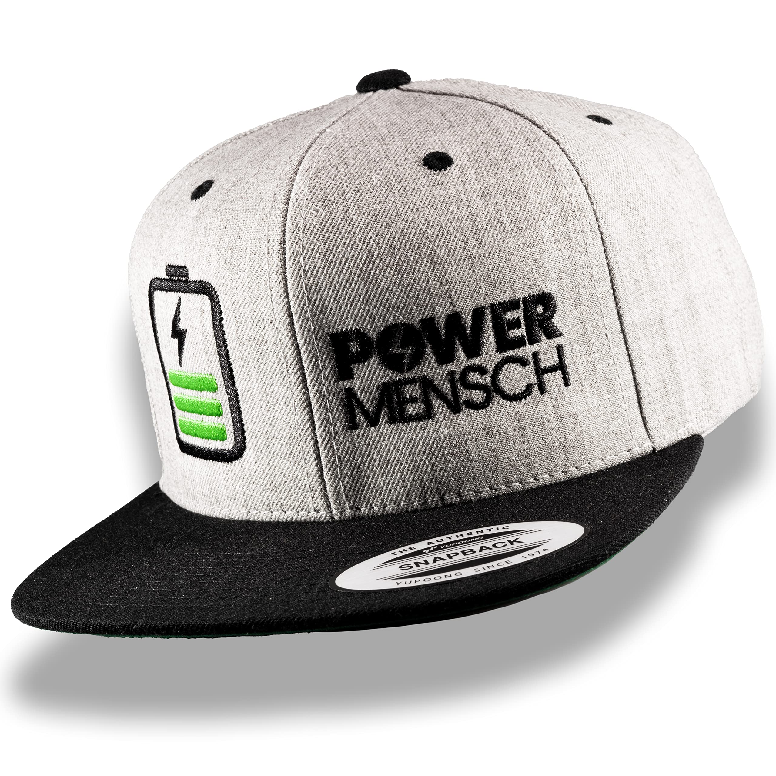 Ride with Style! POWERMENSCH Snapback Cap grau schwarz | Basecap Baseball in Top Qualität | universell größenverstellbar in Unisex One Size | Rennrad Mountainbike Gravel | positiv Vibes