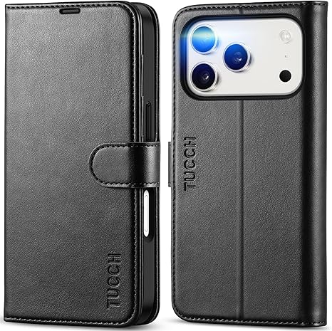 TUCCH Wallet Case for iPhone 17 Pro (6.3") 2025, RFID Blocking 4 Card Holders | Kickstand | Shockproof TPU Shell | PU Leather | Magnetic Closure | Protective Flip Folio Cover | Black