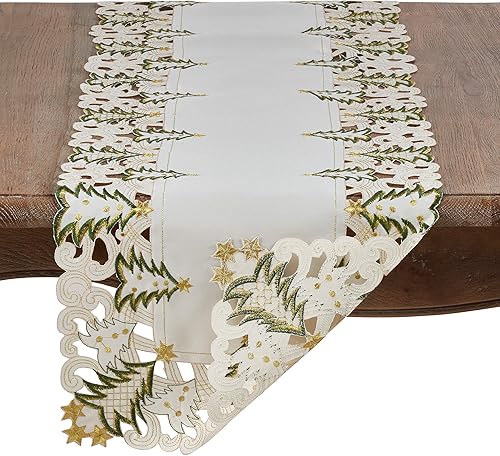 Miniatura 2 de SARO LIFESTYLE QX227.I1668B Pandoro Collection - Camino de vacaciones de poliéster con diseño de árboles de Navidad, 16 x 68 pulgadas, color marfil