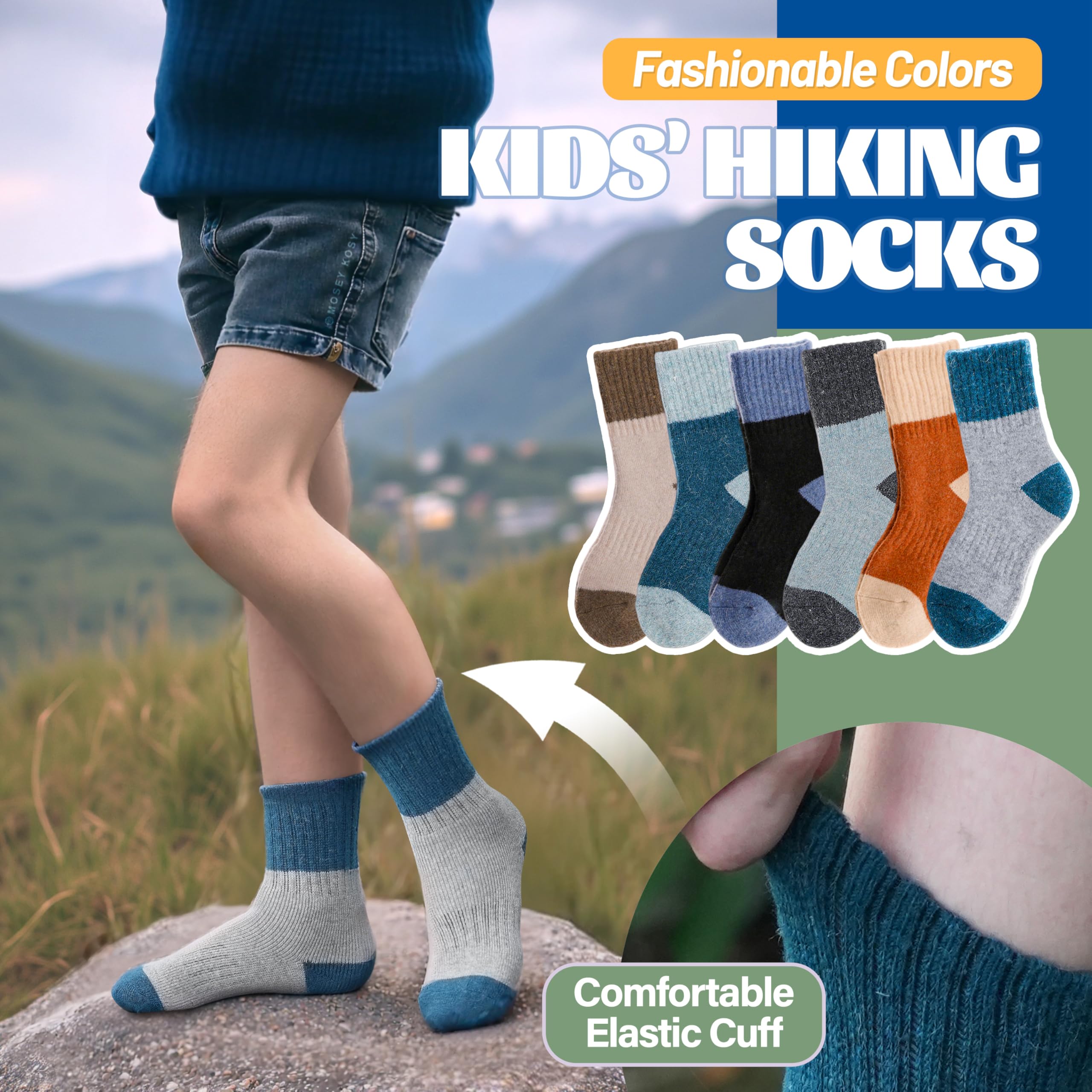 MOSEY KOSY 6 Pares Calcetines Niños Lana Merino para Caminar Chicos Chicas Bebés Invierno Térmicos Gruesos Abrigados Acolchados Calcetines Crew para Senderismo