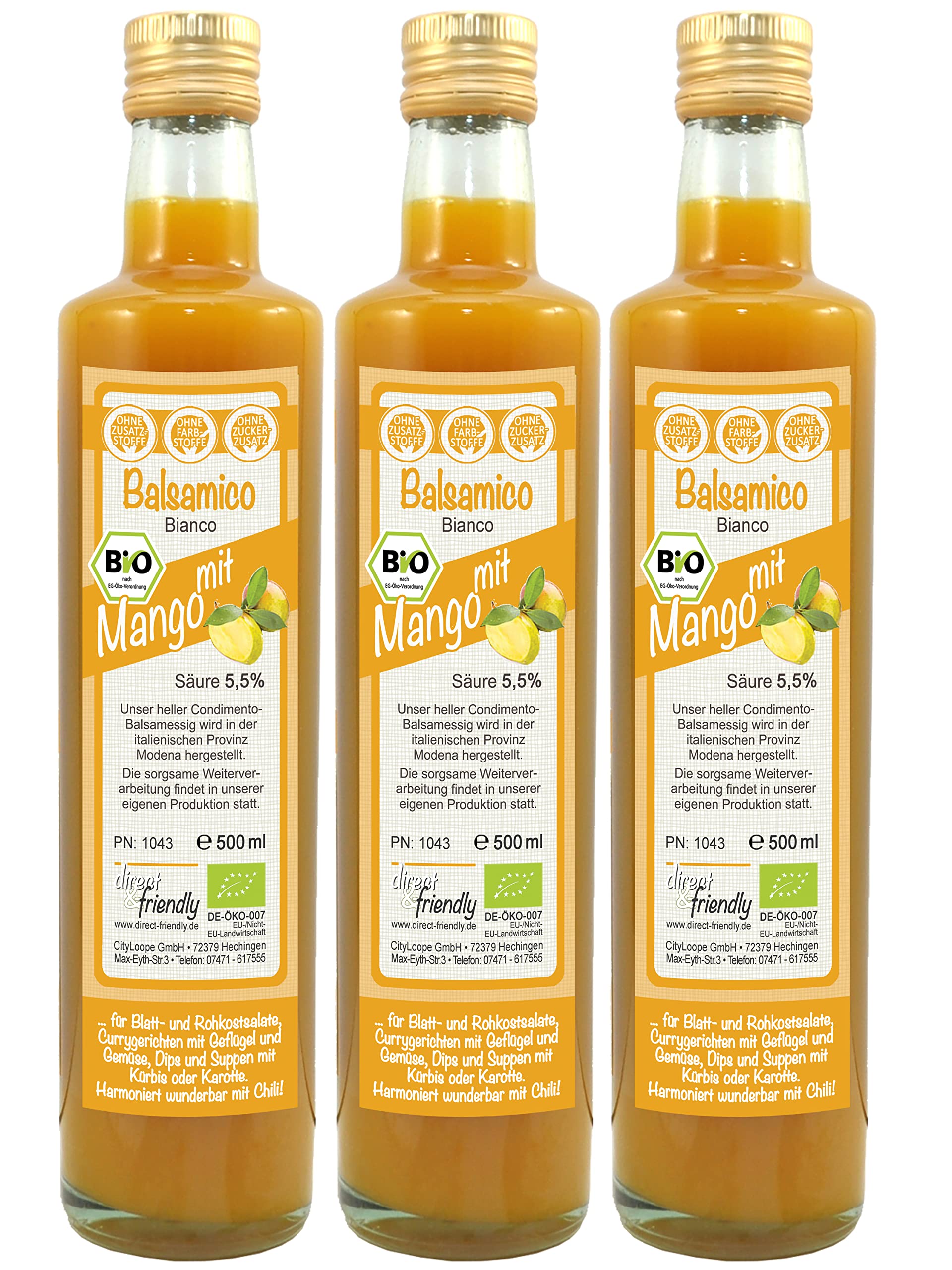 direct&friendly Bio Mango Essig, Condimento Balsamico mit fruchtiger Mango (3 x 500 ml)