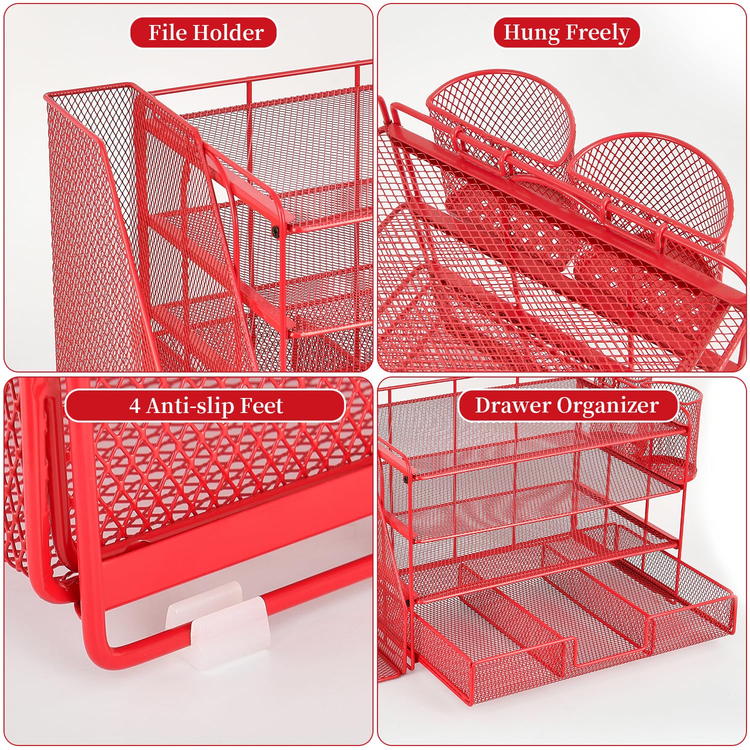 gianotter Desk Organizers and Accessories with File Holder, 4-Tier Desk Accessories & Workspace Organizers with Drawer and 2 Pen Holder, Paper Organizer for Office Supplies(): Red
