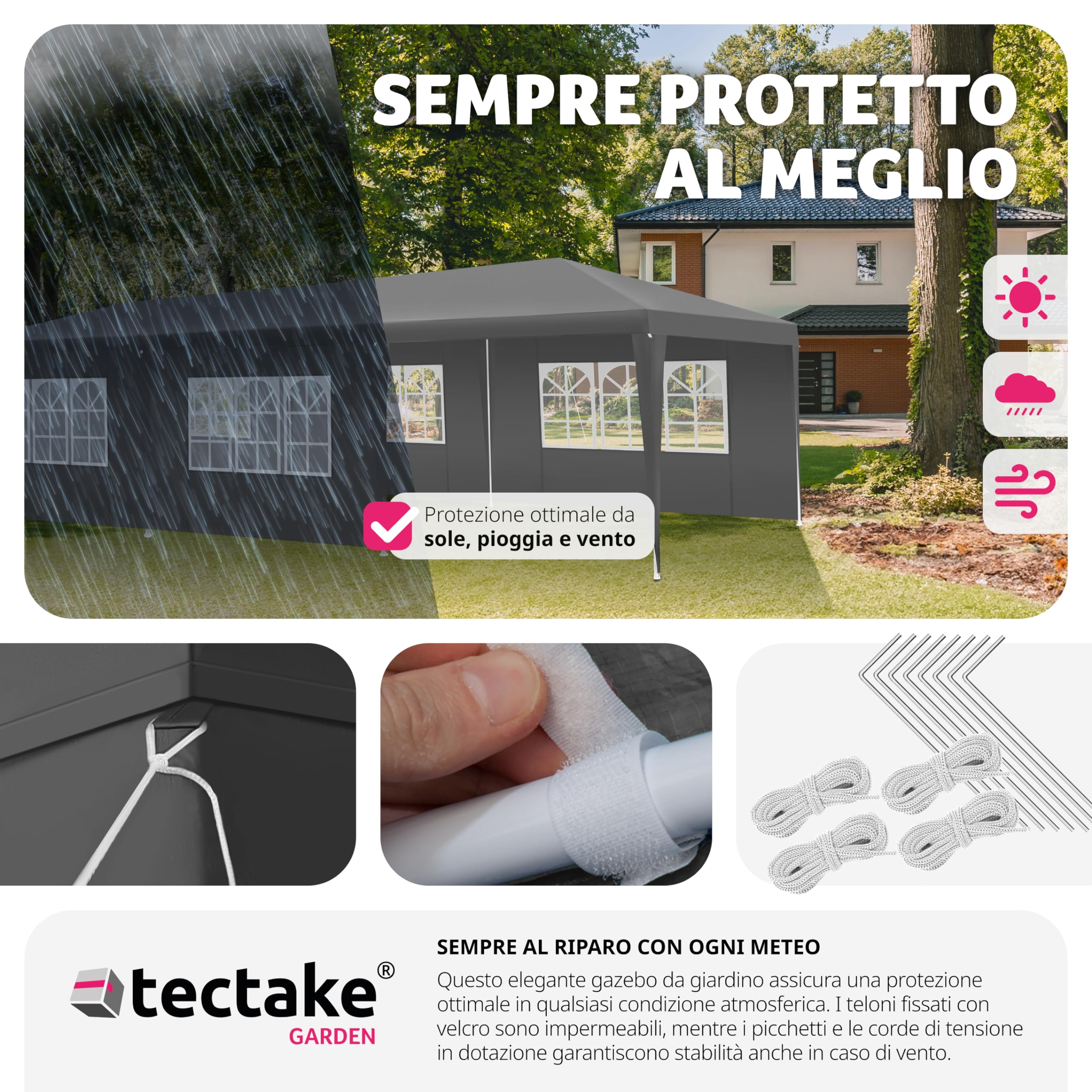 tectake® Tendone per Feste, Padiglione Gazebo Esterno Resistente con 8 Pezzi Laterali, Gazebo da Esterno con Finestre, Impermeabile, Resistente ai Raggi UV, 900 x 300 x 250 cm - Grigio