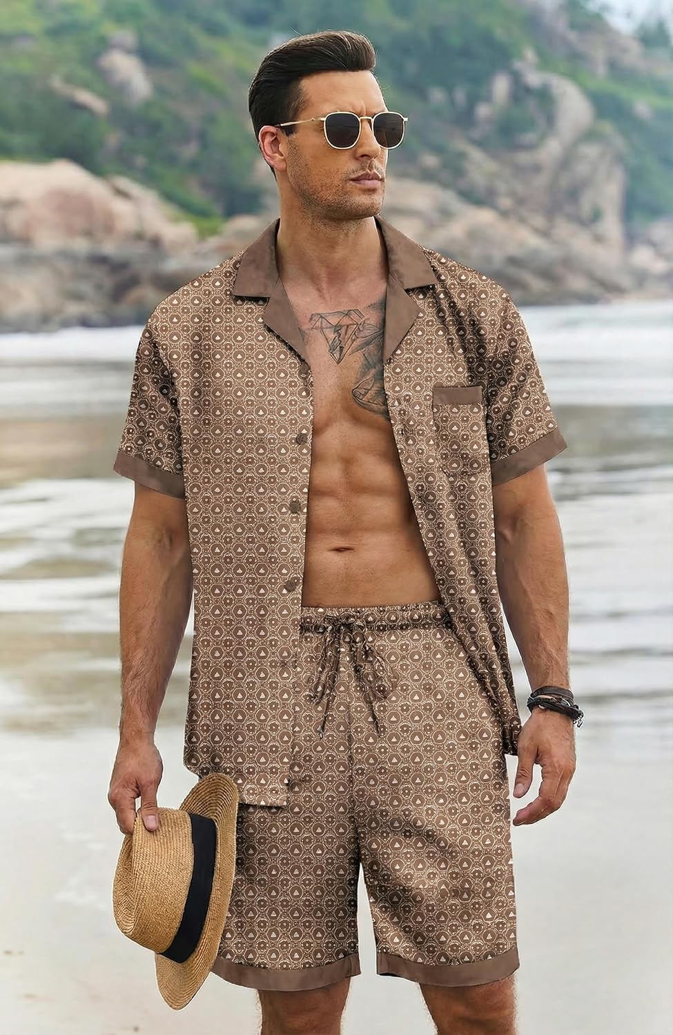 Ekouaer Men Satin Silk Pajamas Set with Pockets Sleepwear Shorts Satin Summer Loungewear 2 Piece Button Down Set S-3XL - Image 3