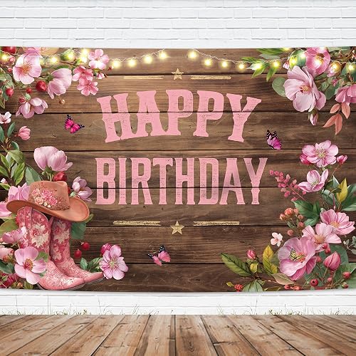 Western Cowgirl Birthday Backdrop 7Wx5H Feet Country Pink Boot Hat Floral Butterfly Wooden Rustic Polyester Fabric for Women Female Photography Backgrounds Photo Shoot Decor Props Decoration