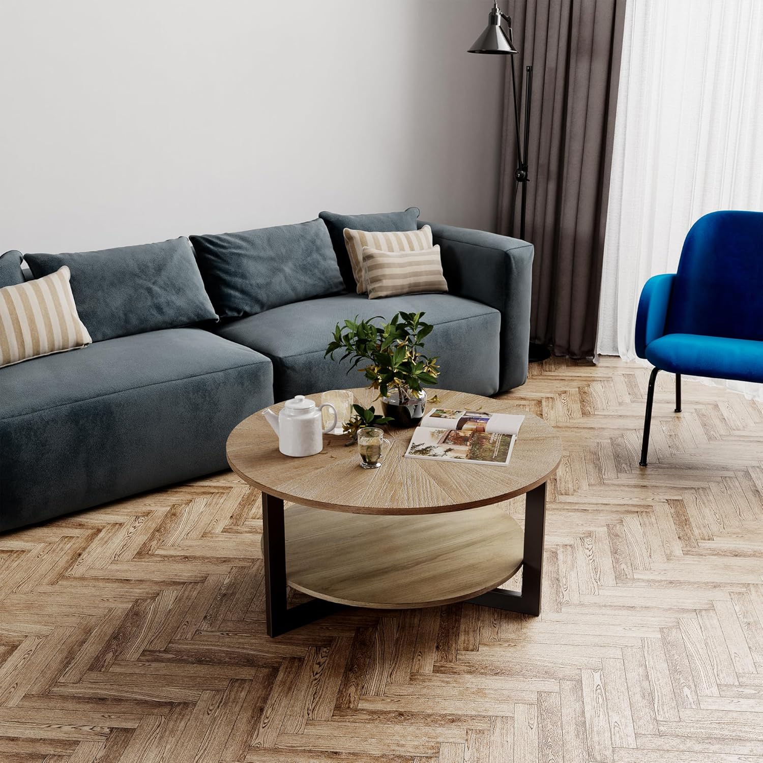 LEEMTORIG 33.5" Round Wood Coffee Table, 2-Tier Circle Round Coffee Table with Storage for Living Room, Mid-Century Modern Style with Texture Surface, Yellowish Brown with Black Metal Legs, KFZ-1338