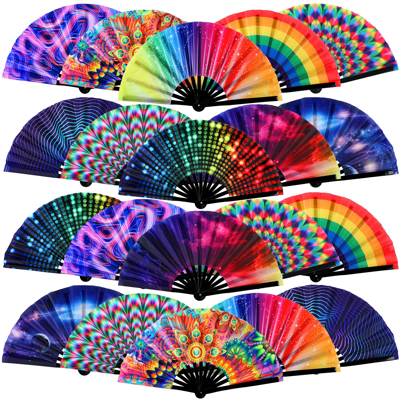 20 Pcs Rave Fans Bulk Large Folding Hand Fans with Plastic Ribs for Men Women, Chinese Japanese Rainbow Handheld with Fabric Case for Drag Queen Dance Club Music Festival Party(Novelty)