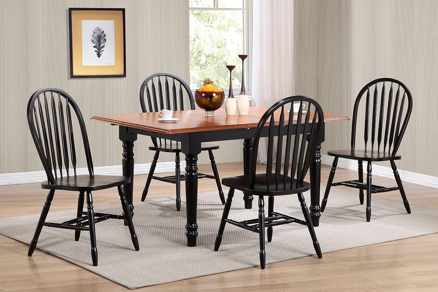 Sunset Trading Selections 5 Piece 60" Rectangular Extendable Windsor Arrowback Chairs | Butterfly Leaf Table | Antique Black/Cherry Wood Dining Set, 2 Size Expandable, Seats 6