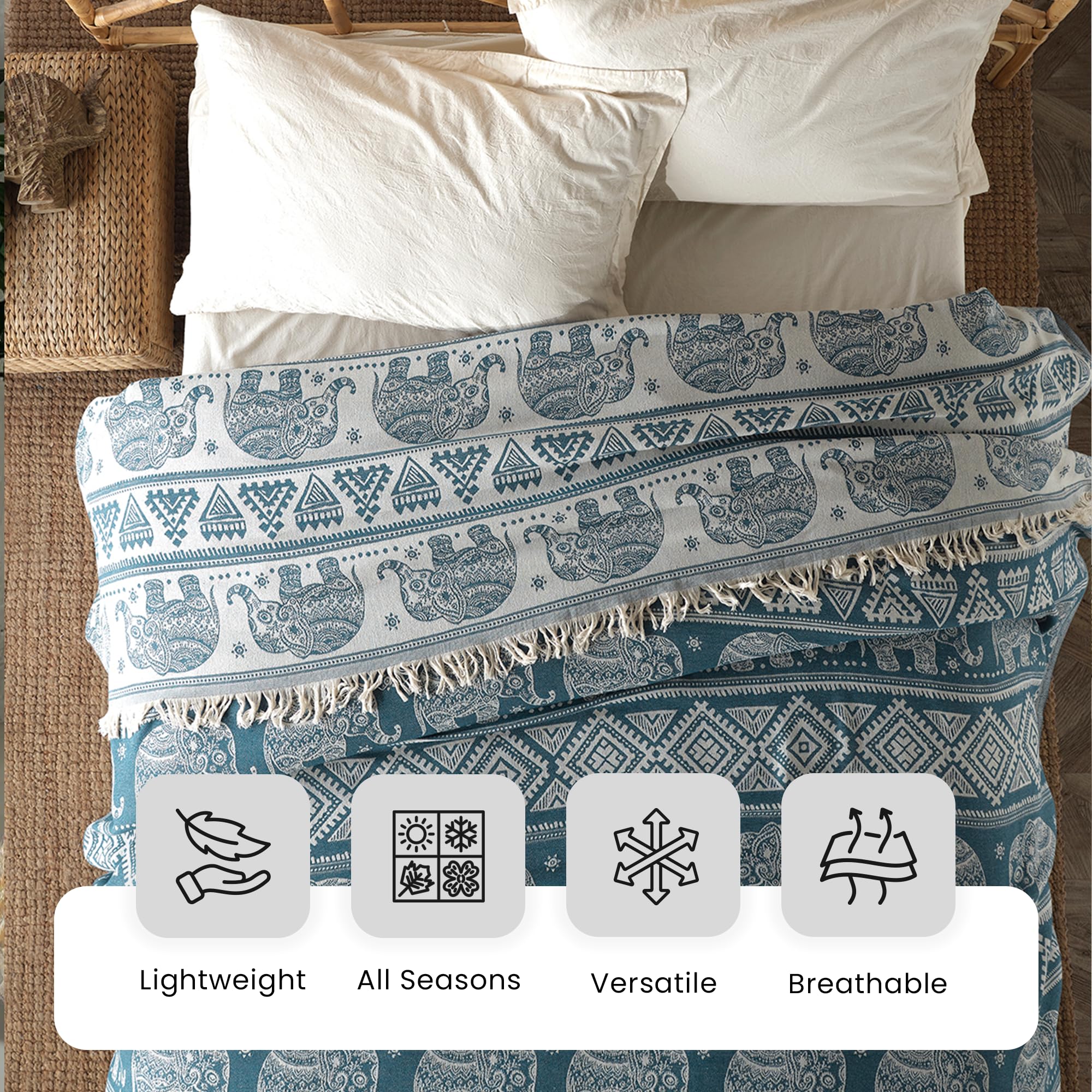 Milam London Boho Throw Blanket, Teal Blue, 220 x 240 cm - Image 4