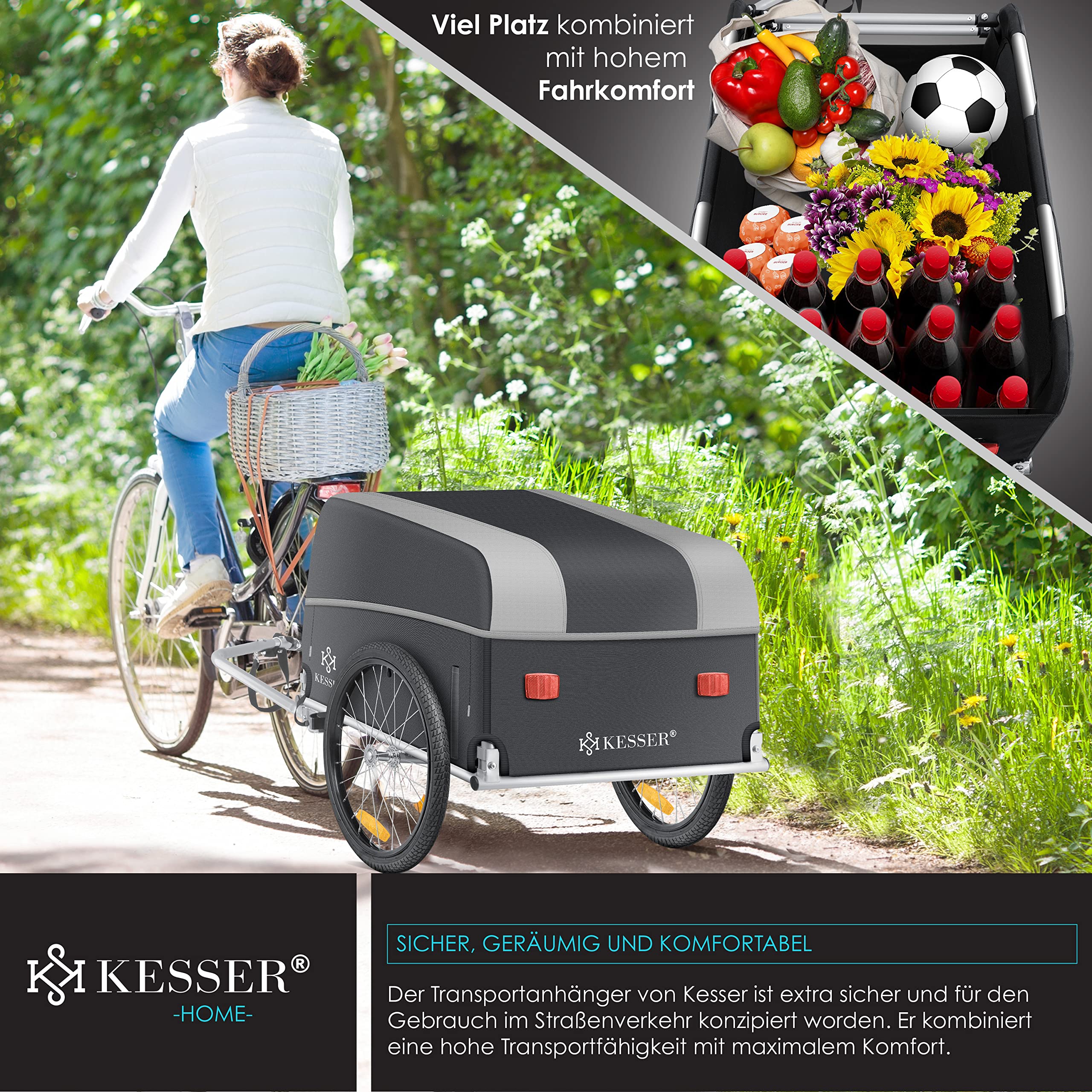 KESSER® Rimorchio per bicicletta, rimorchio per il trasporto con timone alto con frizione, inclusa copertura pieghevole, con timone alto, per bicicletta, con 120 litri, max. 40 kg